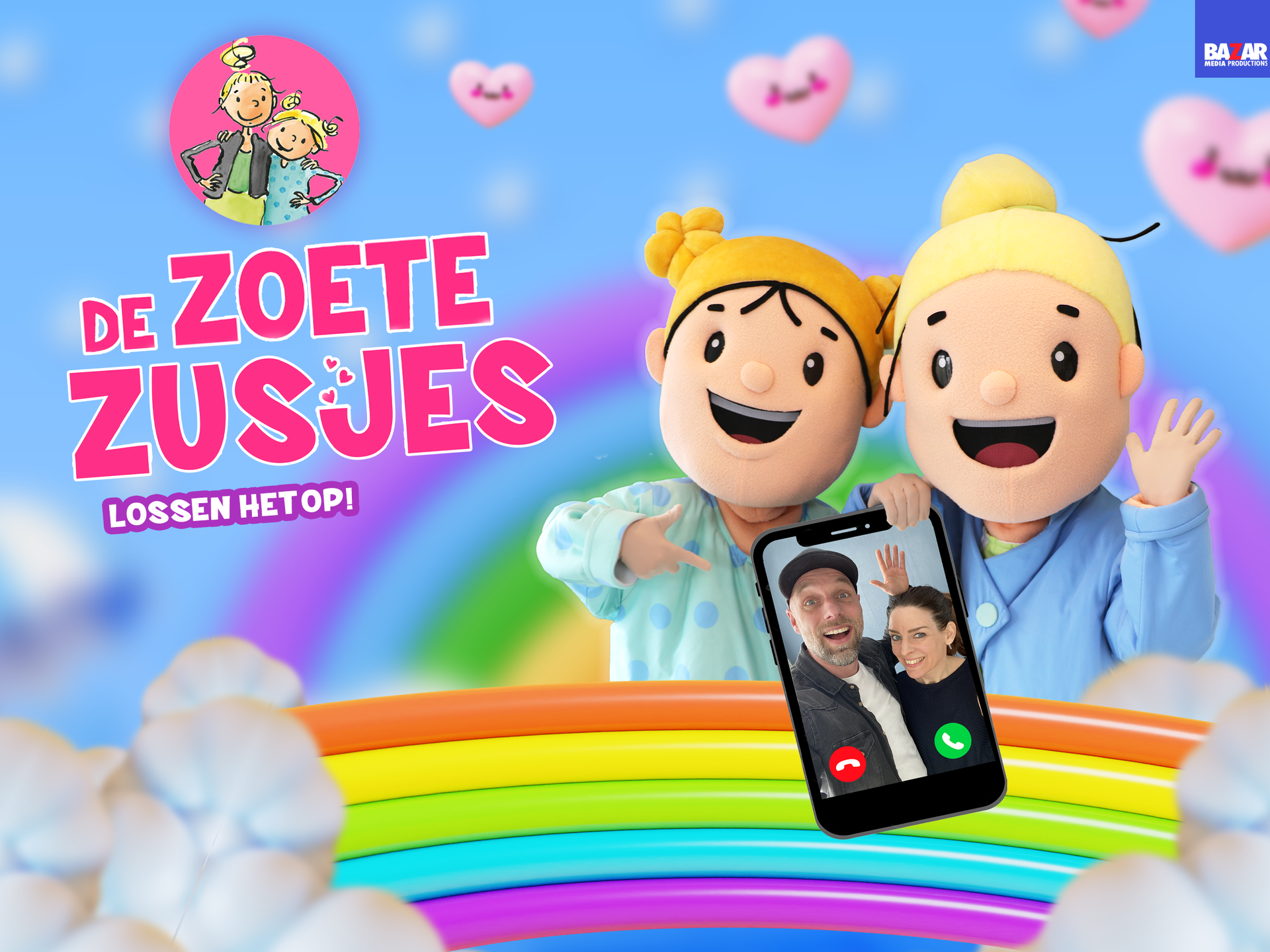 De Zoete Zusjes, Promotiefoto van De Zoete Zusjes Saar en Janne met een mobiele telefoon en vrolijke achtergrond