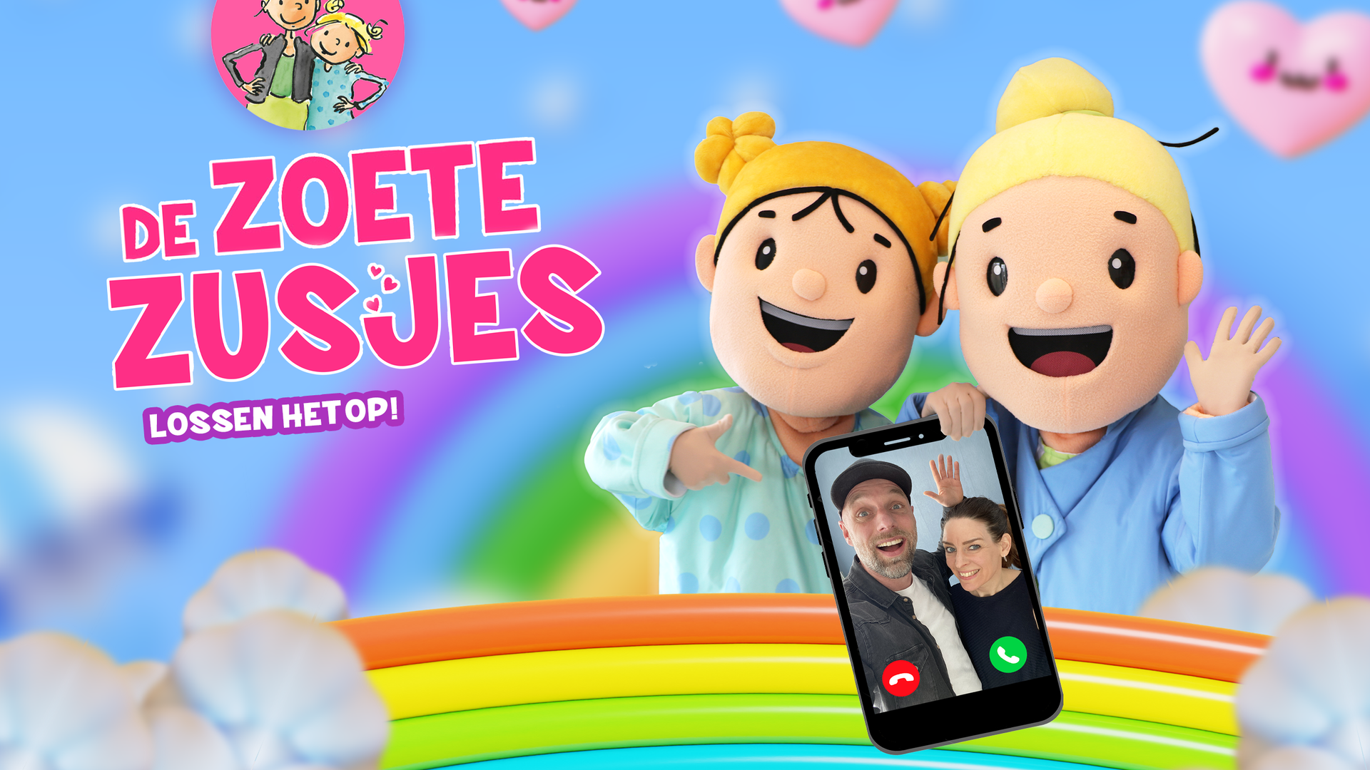 De Zoete Zusjes, Promotiefoto van De Zoete Zusjes Saar en Janne met een mobiele telefoon en vrolijke achtergrond
