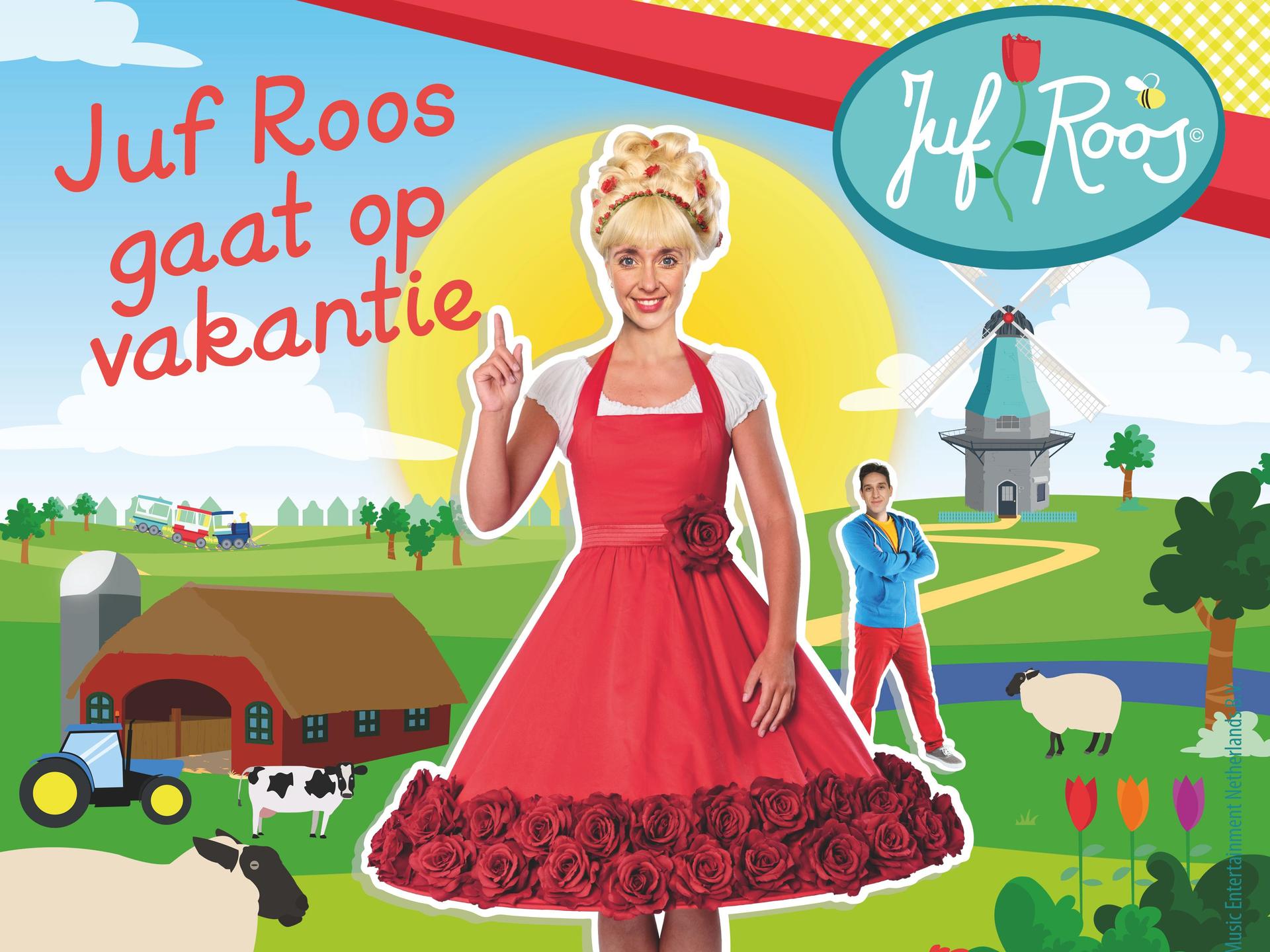 Juf Roos gaat op vakantie, Promotiefoto van Juf Roos en Gijs en een boederij op de achtergrond