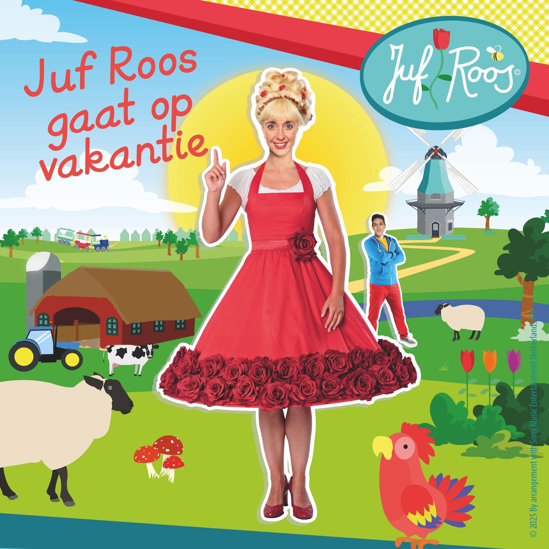 Juf Roos gaat op vakantie, Promotiefoto van Juf Roos en Gijs en een boederij op de achtergrond