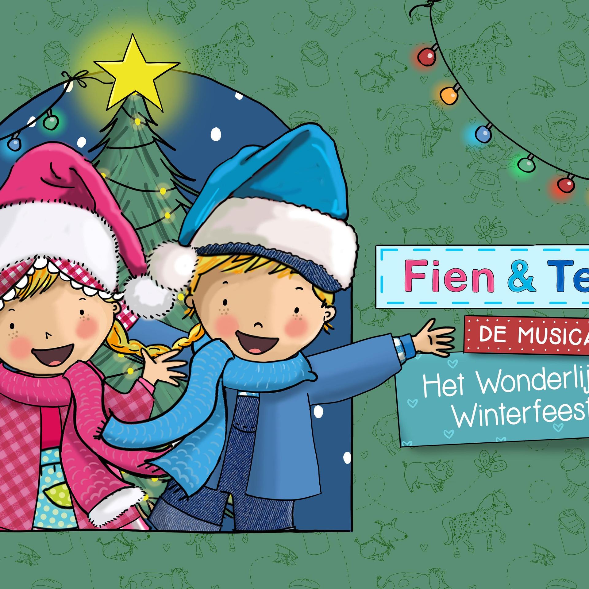 Fien & Teun (2+), Promotiefoto van Fien en Teun de musical in wintersferen met lampjes