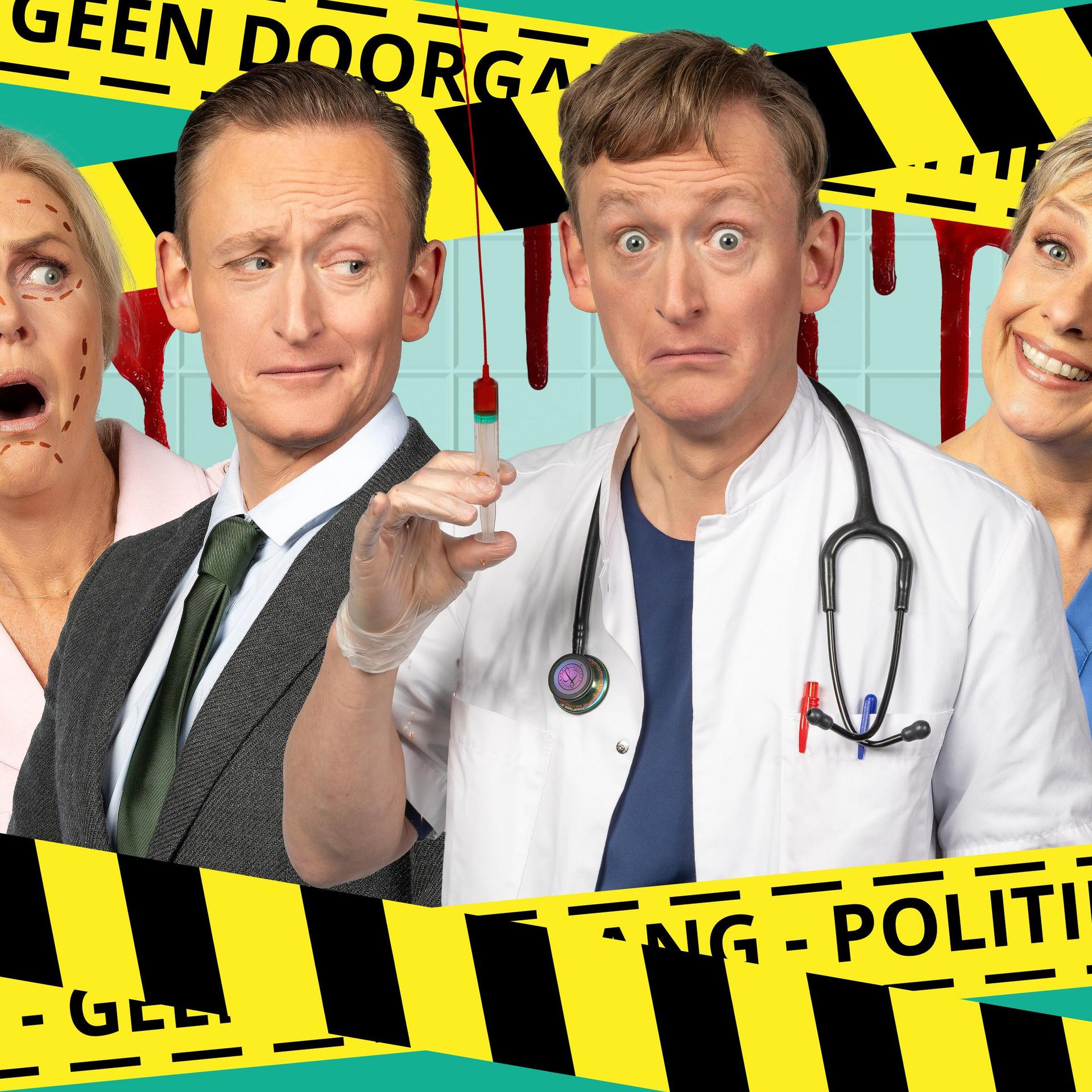 Dubbel Op, Promotiefoto van Dubbel Op met 4 castleden in ziekenhuiskleding en zwart geel lint eromheen