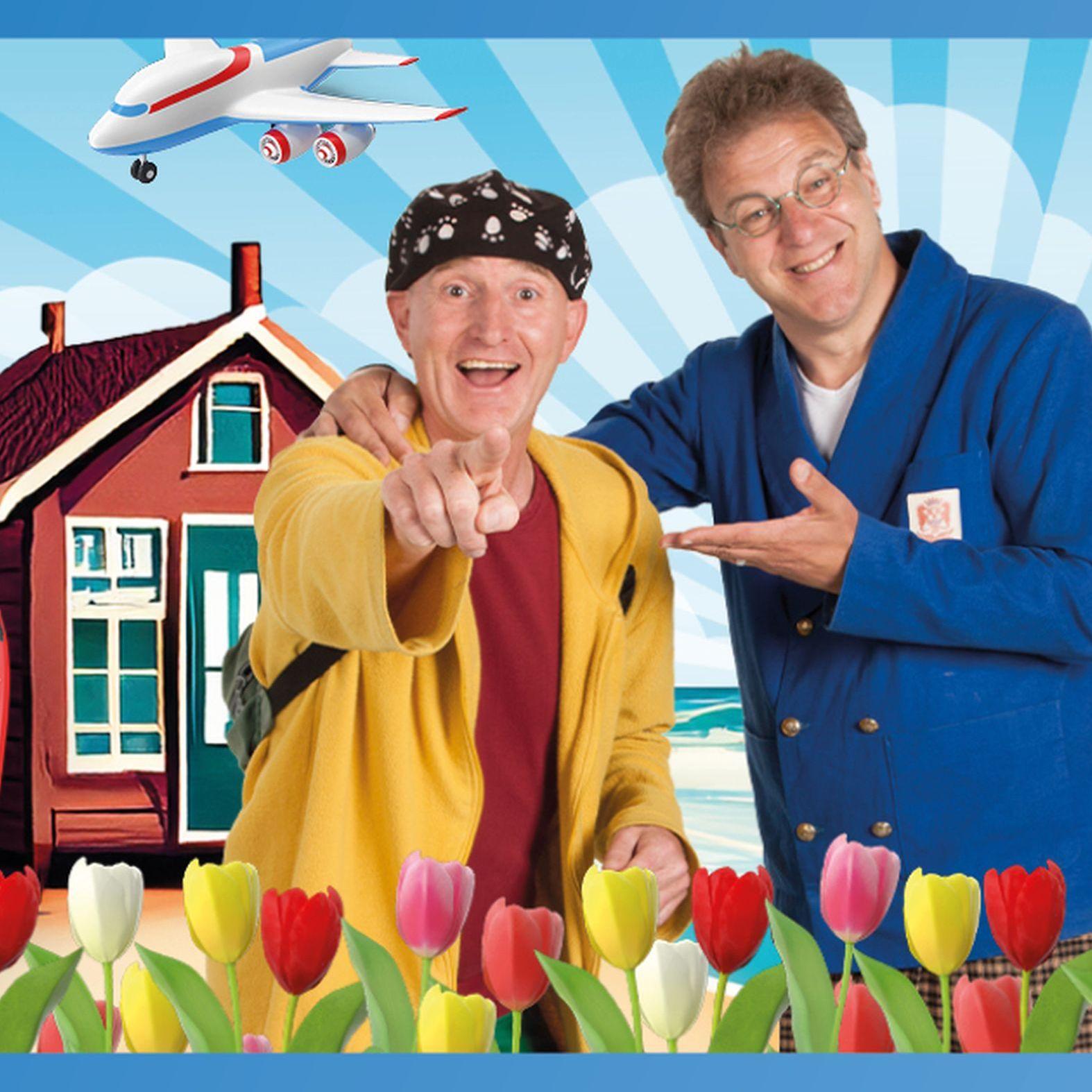 Ernst en Bobbie Doen maar wat (3+), Promotiefoto van Ernst en Bobbie met een tekening van een huis, boot, zeehond en tulpen eromheen