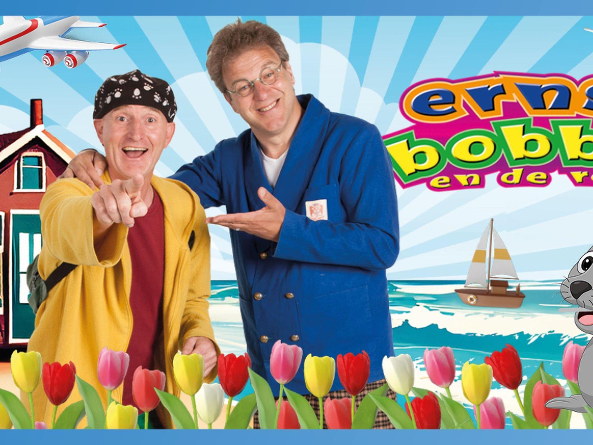 Ernst en Bobbie Doen maar wat (3+), Promotiefoto van Ernst en Bobbie met een tekening van een huis, boot, zeehond en tulpen eromheen