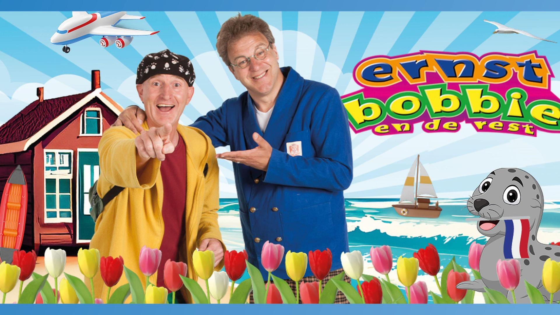 Ernst en Bobbie Doen maar wat (3+), Promotiefoto van Ernst en Bobbie met een tekening van een huis, boot, zeehond en tulpen eromheen