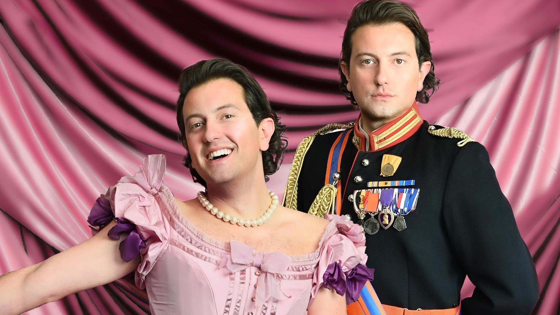 De Prinsenjurk en de Gouden Knoop (7+), Promotiefoto van De Prinsenjurk en de goeden knoop met een prins in een roze jurk en nog een prins