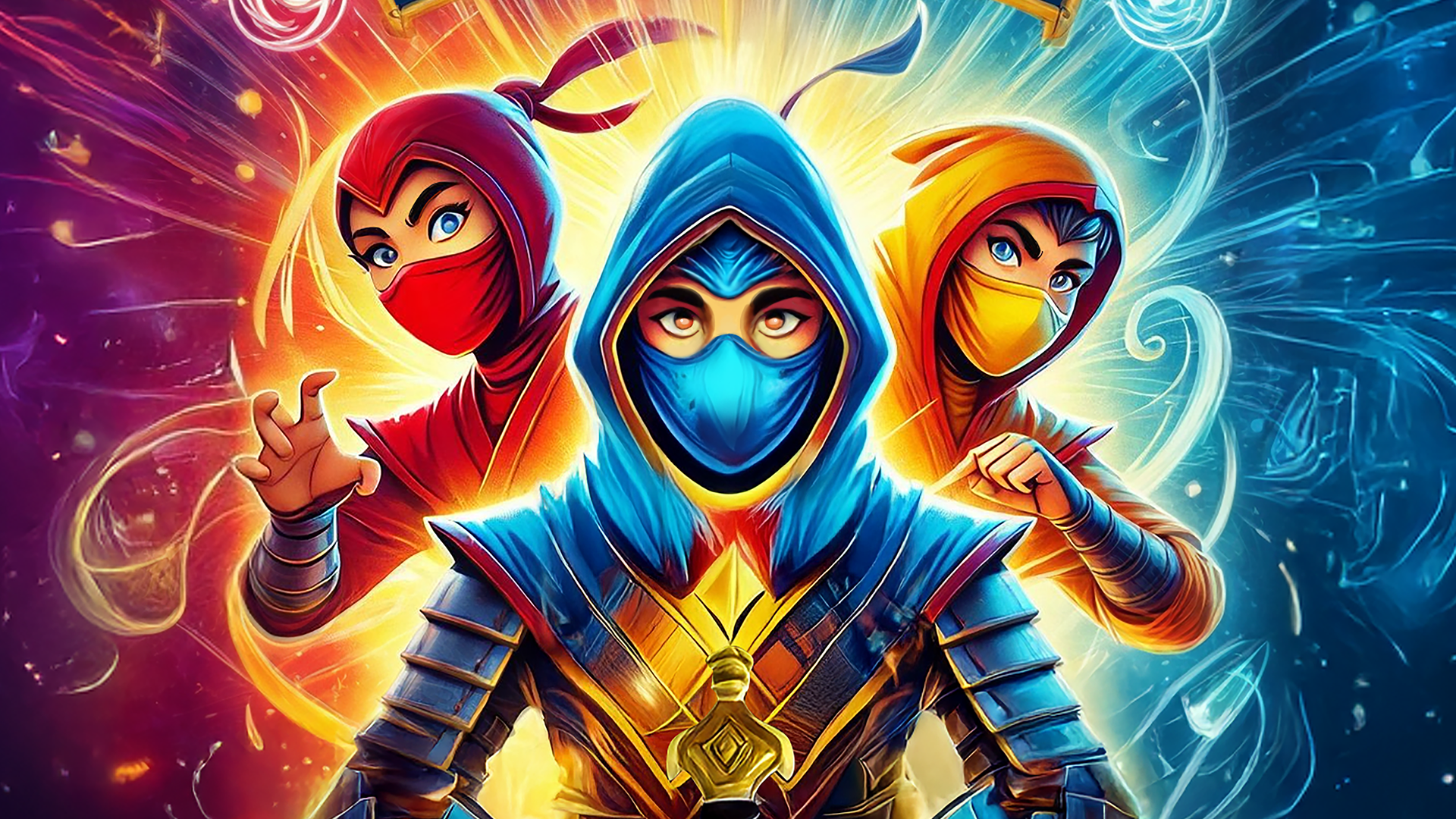 The Ninja Warriors, Promotiefoto van The Ninja Warriors met 3 gekleurde ninja's tegen gekleurde achtergrond met titel