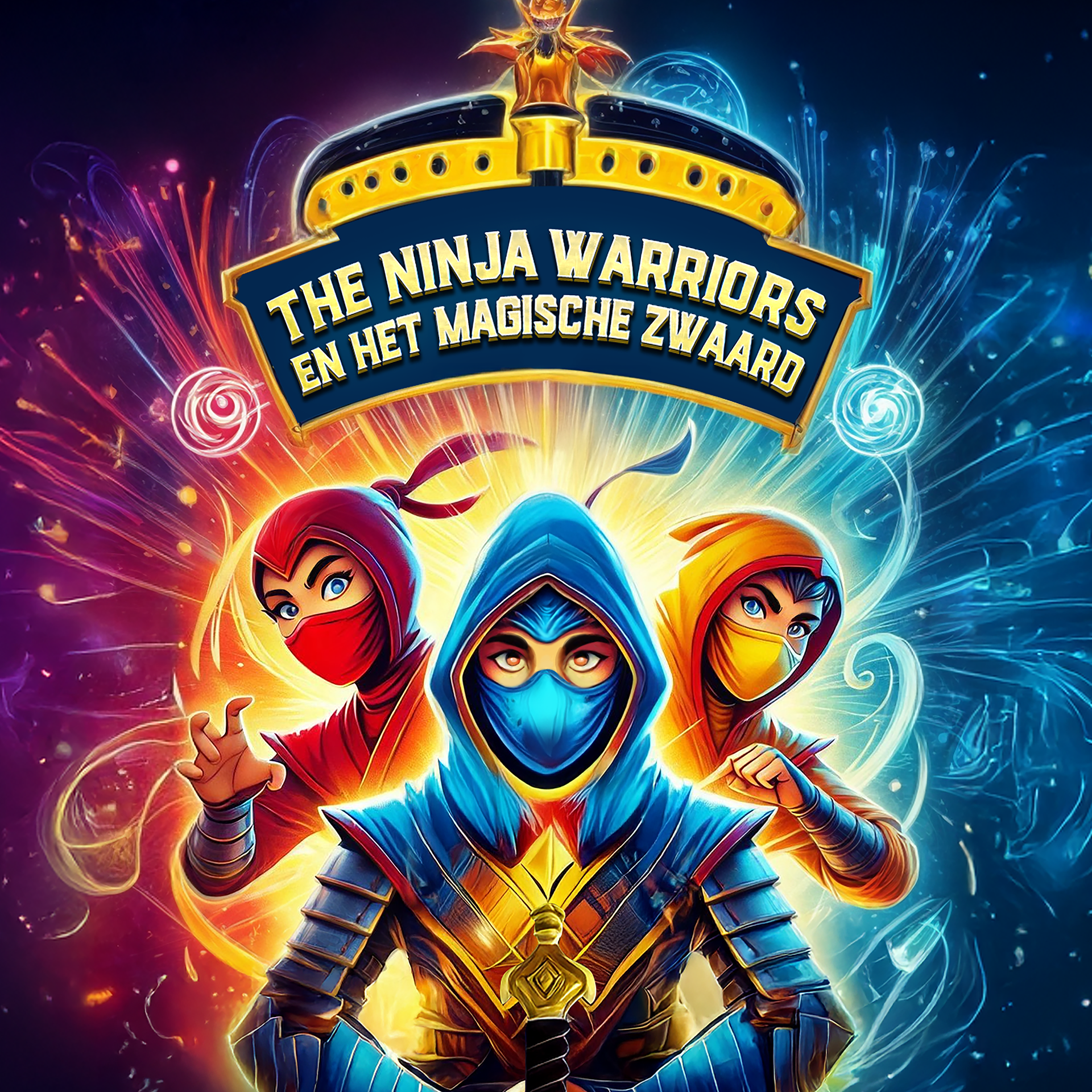 The Ninja Warriors (5+), Promotiefoto van The Ninja Warriors met 3 gekleurde ninja's tegen gekleurde achtergrond met titel