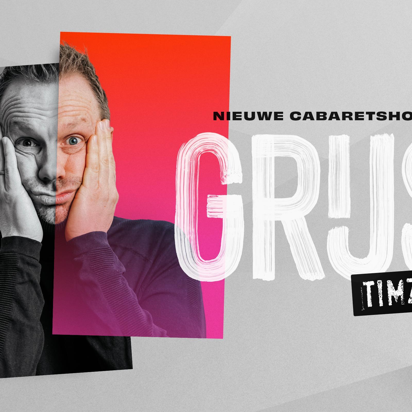 Timzingt, PromotiefFoto van Timzingt met daarop Tim en de titel van zijn cabaretshow Grijs