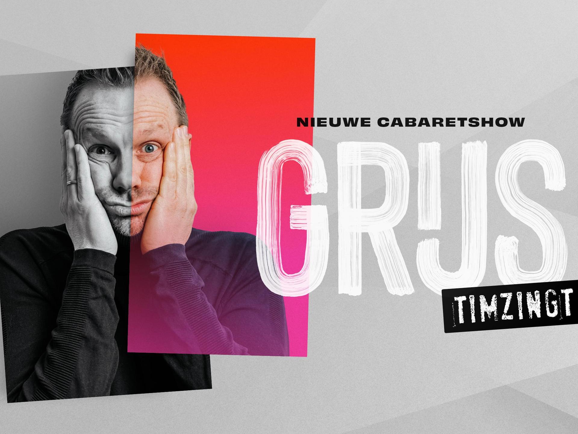 Timzingt, PromotiefFoto van Timzingt met daarop Tim en de titel van zijn cabaretshow Grijs