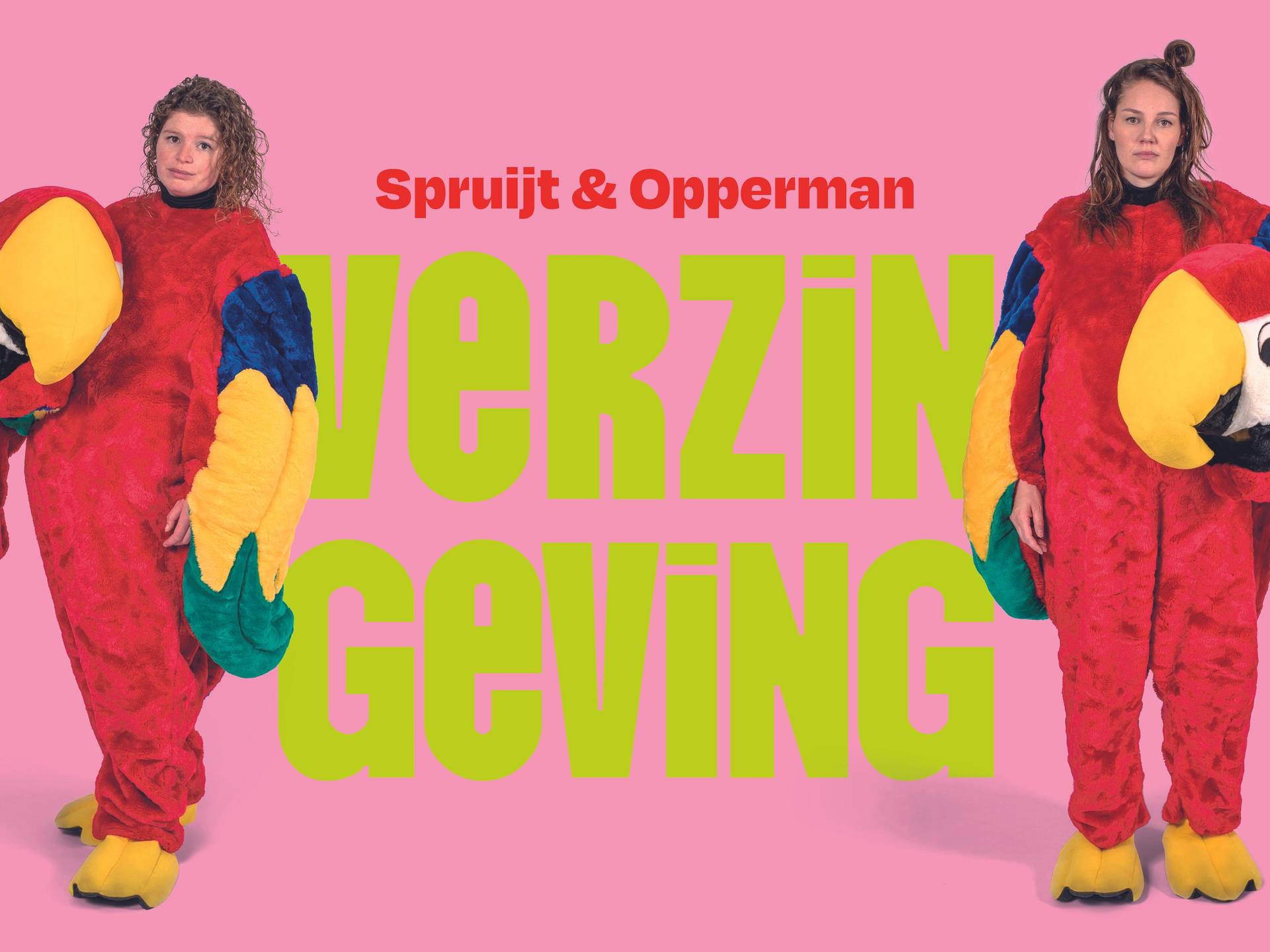 Spruijt & Opperman, Promotiefoto van Spruijt en Opperman in papegaaienpakken met de titel Verzingeving erop