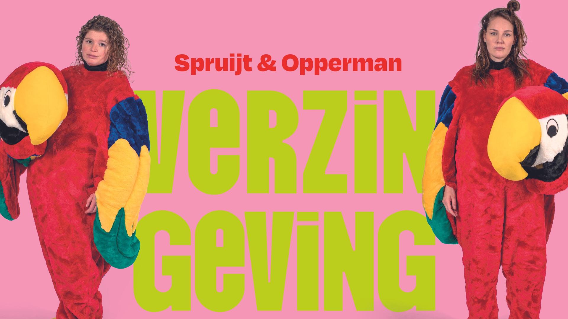 Spruijt & Opperman, Promotiefoto van Spruijt en Opperman in papegaaienpakken met de titel Verzingeving erop
