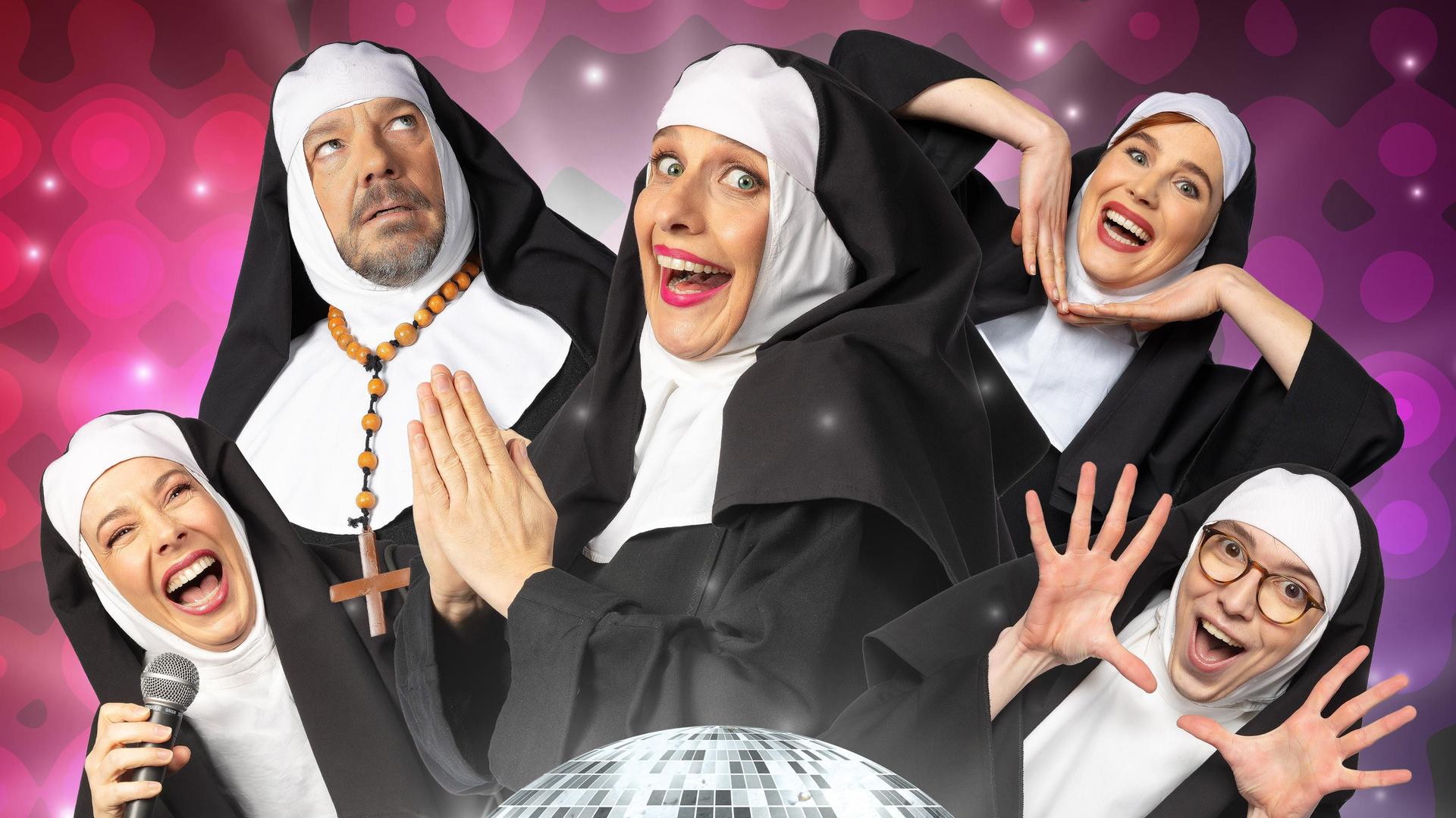Nonsens, Promotiefoto van musical Nonsens met de cast van 5 nonnen achter een discobal