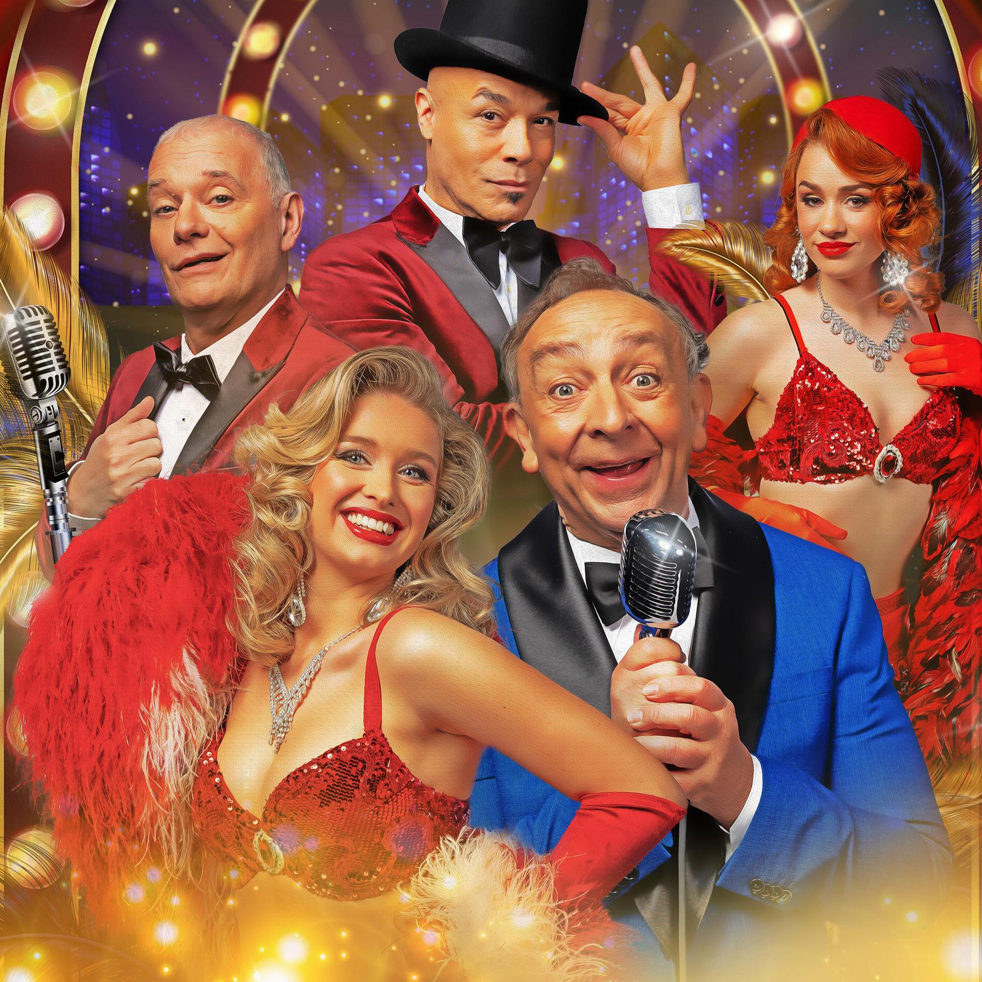 Ons Pap wil bij de Revue, Promotiefoto van Ons Pap wil bij de Revue met Jon van Eerd en nog 4 anderen in revue outfits