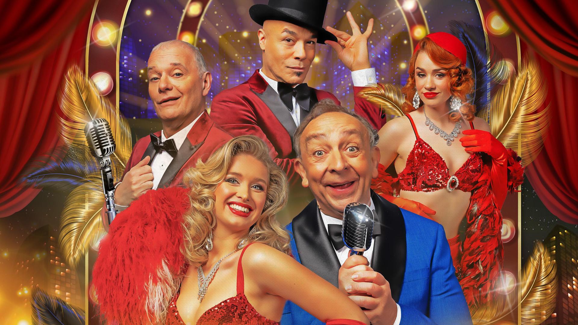 Ons Pap wil bij de Revue, Promotiefoto van Ons Pap wil bij de Revue met Jon van Eerd en nog 4 anderen in revue outfits