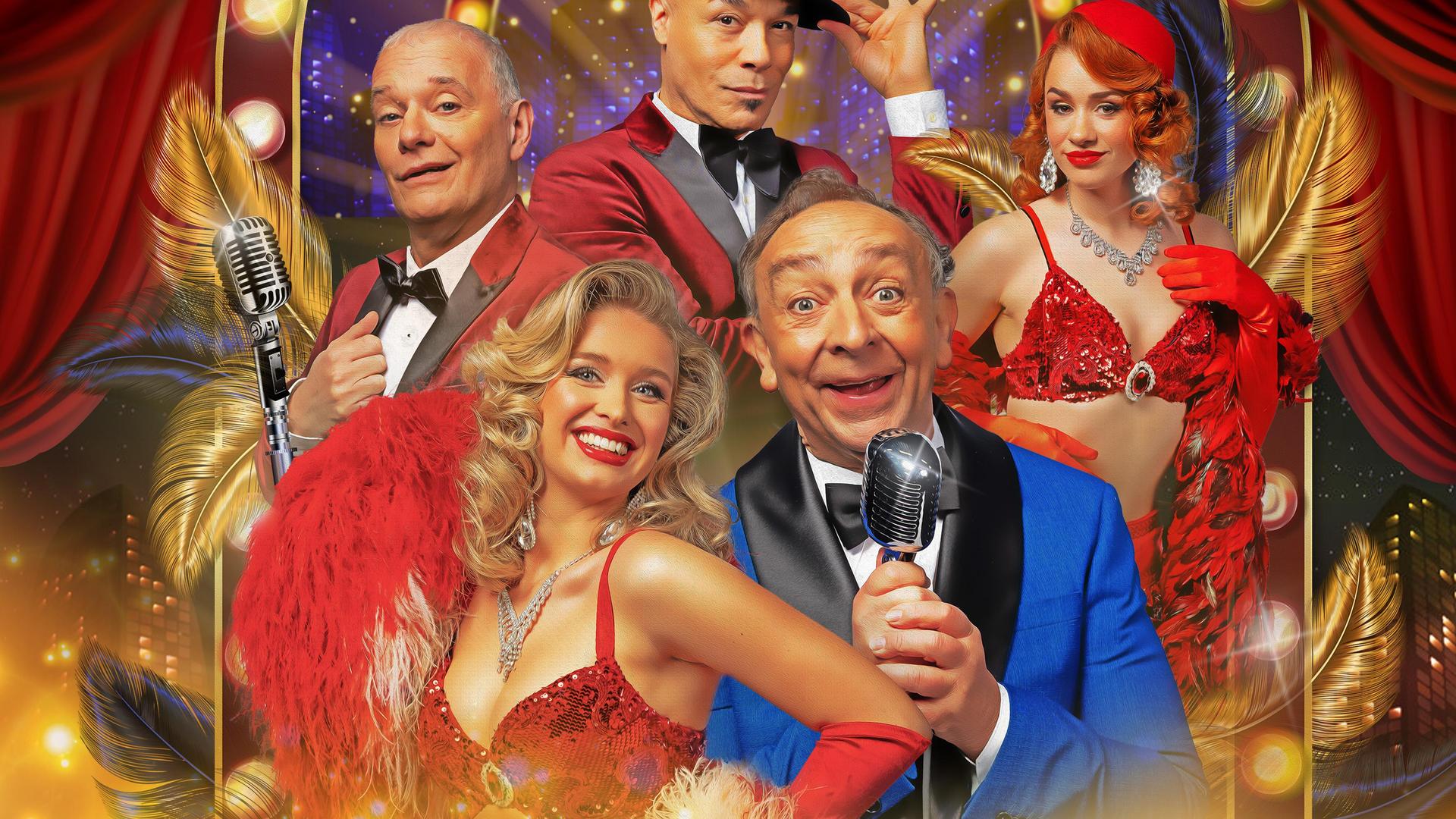 Ons Pap wil bij de Revue, Promotiefoto van Ons Pap wil bij de Revue met Jon van Eerd en nog 4 anderen in revue outfits