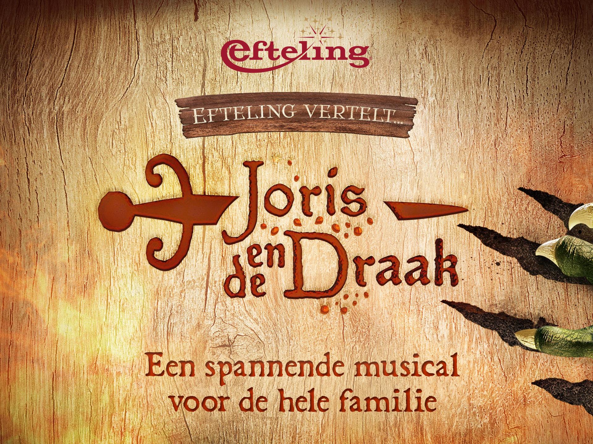 Efteling vertelt...Joris en de Draak (6+), Promotiefoto van Joris en de Draak van Efteling met drakenklauw, vuur en titel op oud document