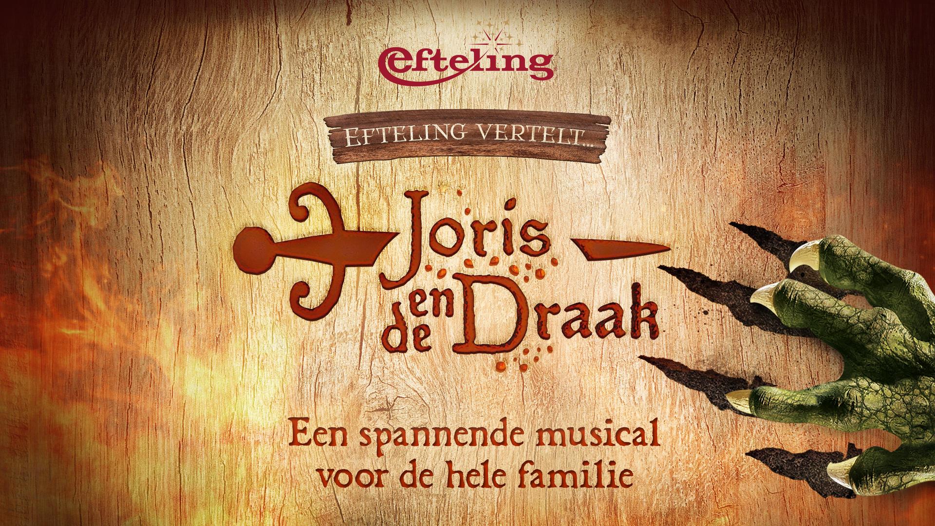 Efteling vertelt...Joris en de Draak (6+), Promotiefoto van Joris en de Draak van Efteling met drakenklauw, vuur en titel op oud document