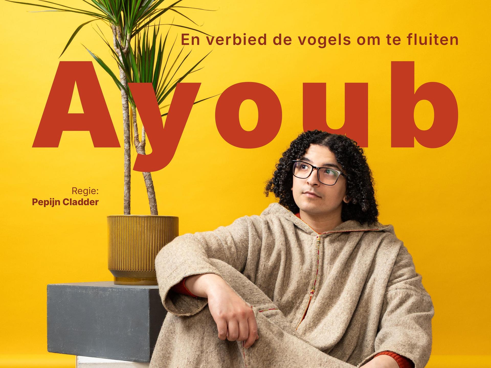 Ayoub, Promotiefoto van Ayoub zittend op de grond voor een gele wand met plant achter hem