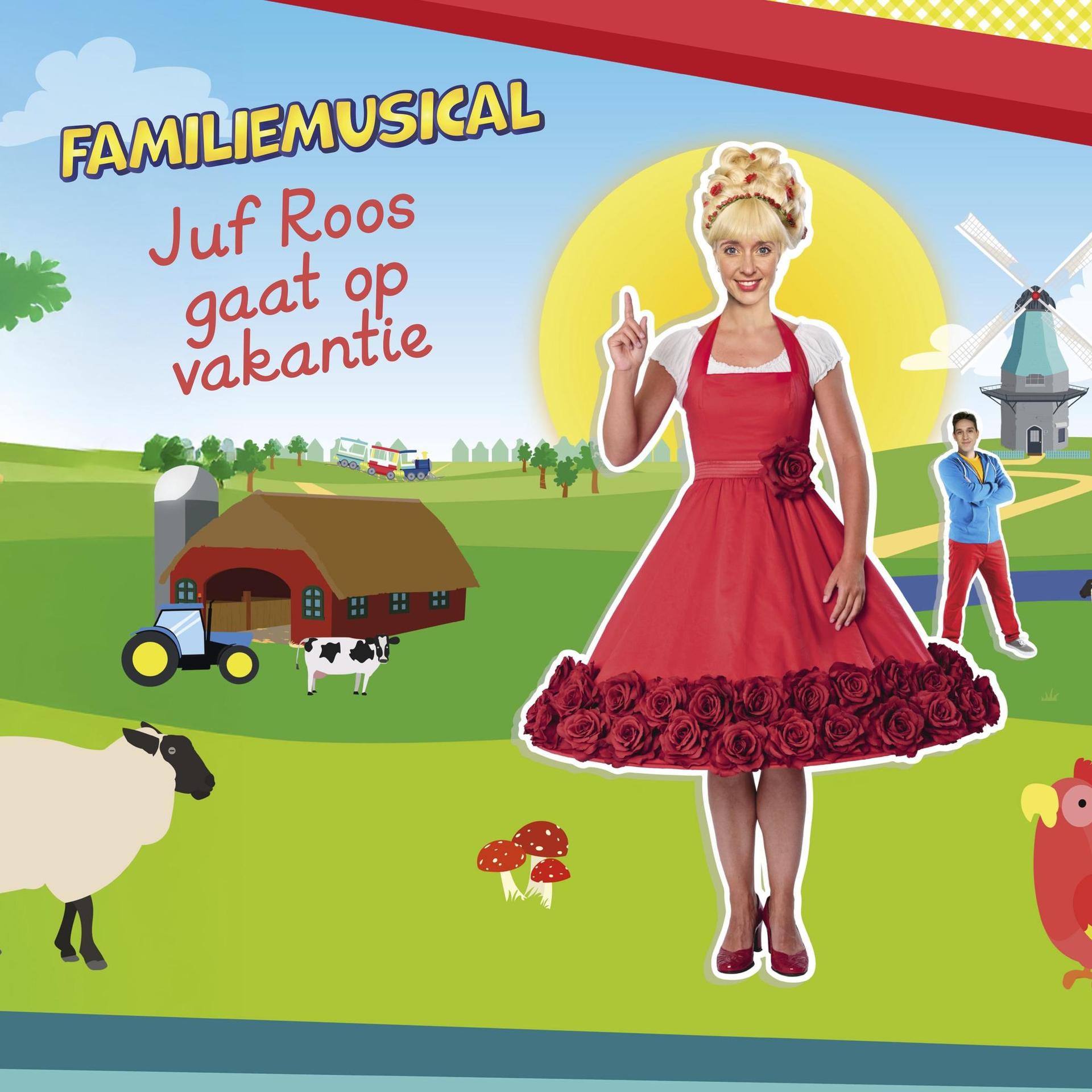 Juf Roos gaat op vakantie (2+), Promotiebeeld van Juf Roos in haar rode jurk met een boerderij en dieren op de achtergrond