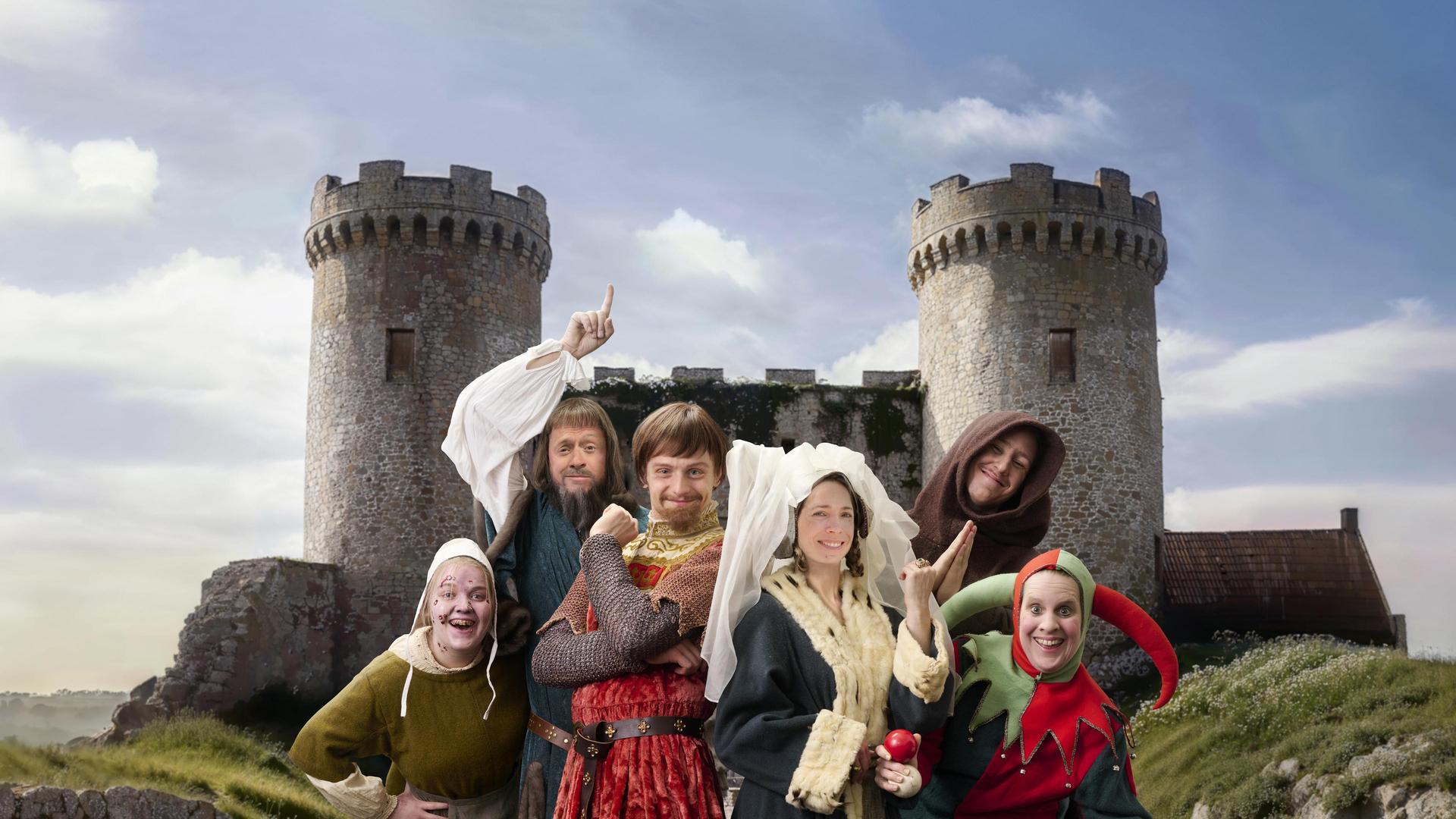 Welkom in de Middeleeuwen van Niek Barendsen, Publiciteitsbeeld met de cast van Welkom in de Middeleeuwen voor een kasteel