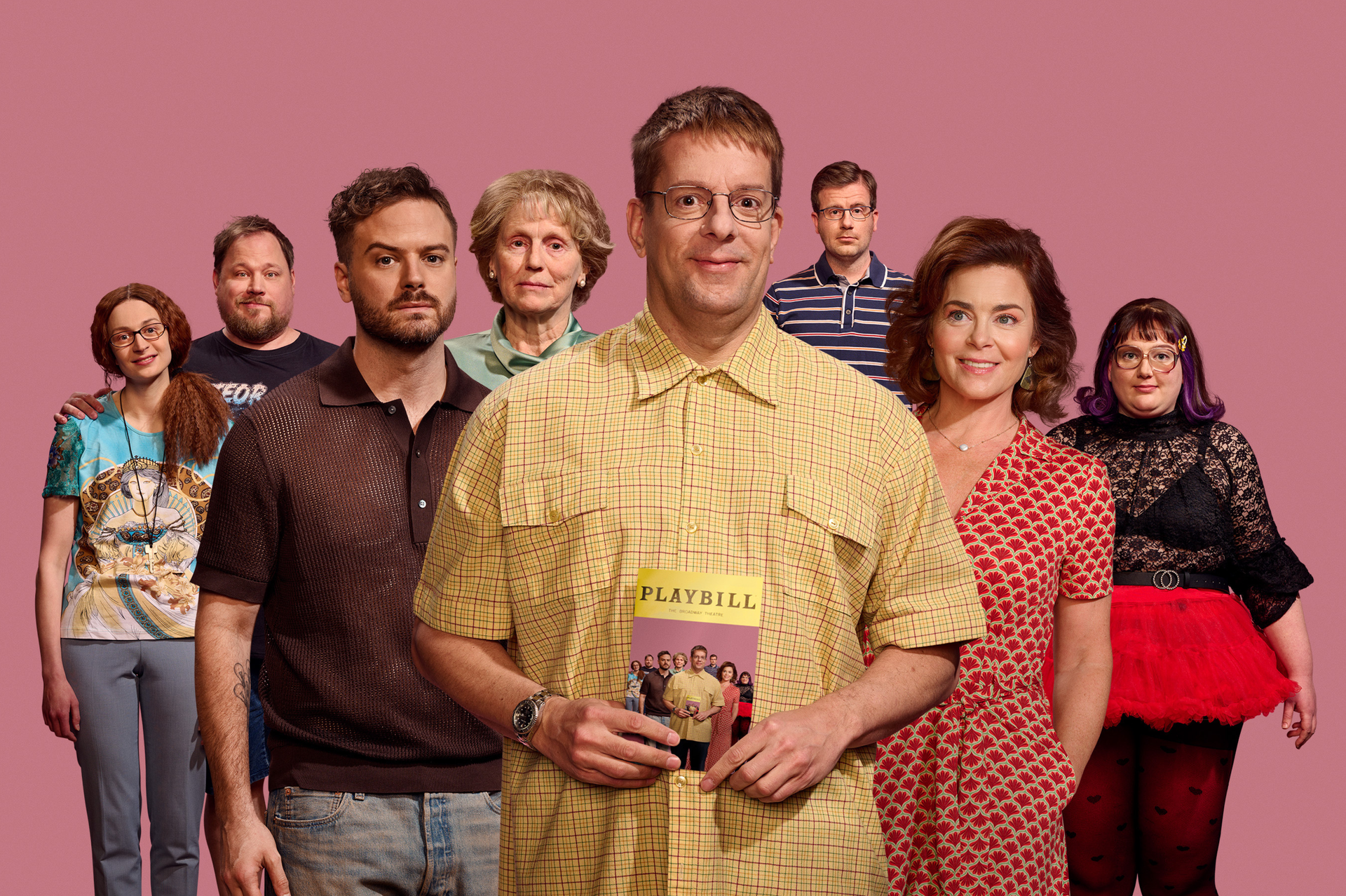 Promotiefoto met de cast van Stoornis of my life met oa Alex Klaasen erop.