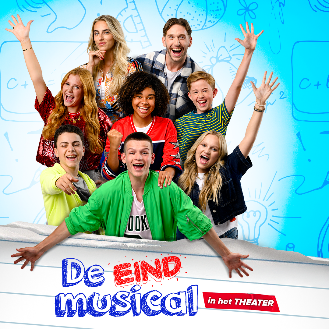 De Eindmusical, in het theater (6+), Promotiiebeeld De Eindmusical met de cast erop.