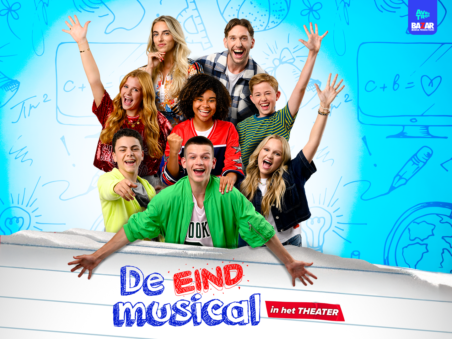 De Eindmusical, in het theater (6+), Promotiiebeeld De Eindmusical met de cast erop.