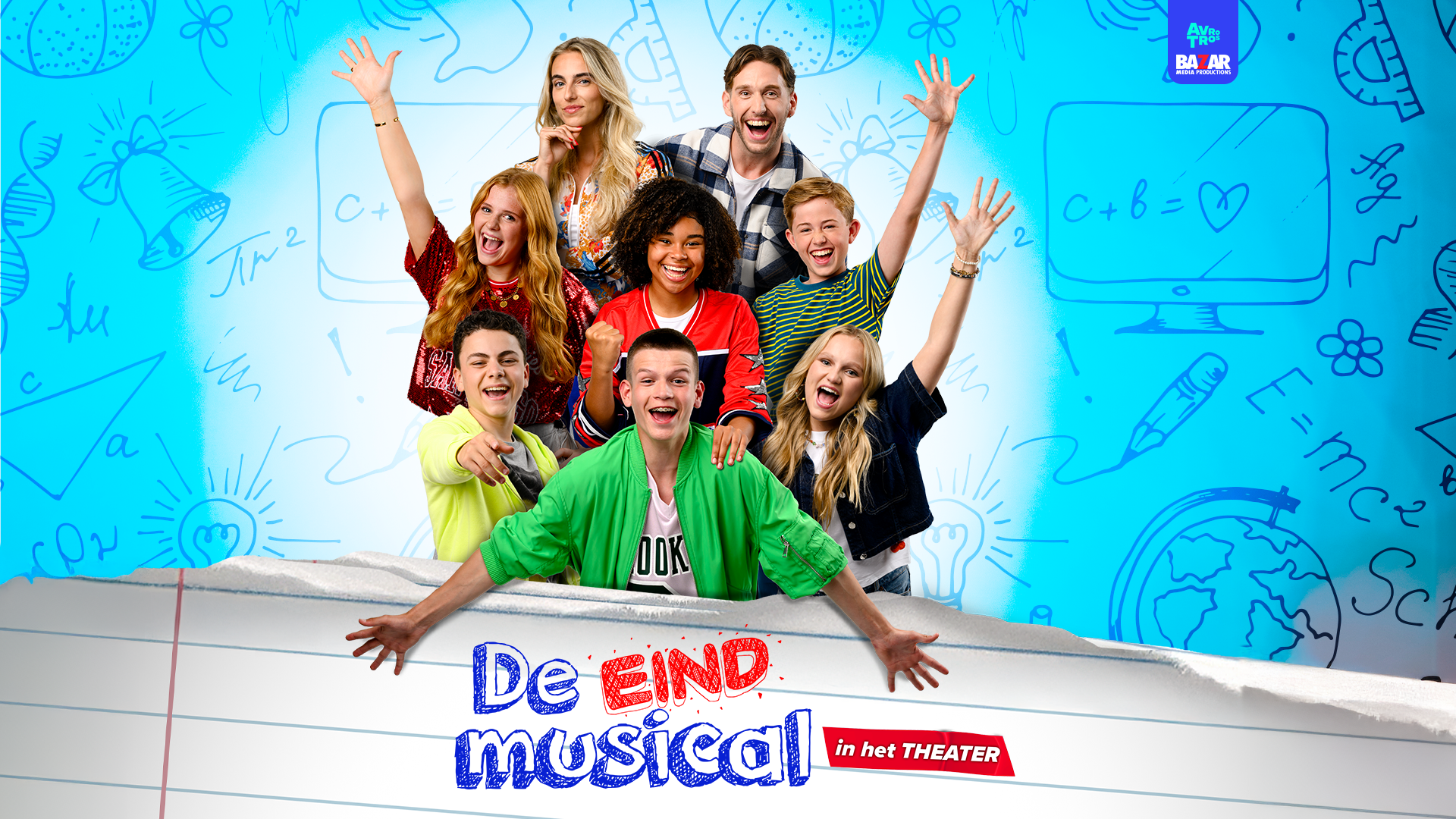 De Eindmusical, in het theater (6+), Promotiiebeeld De Eindmusical met de cast erop.