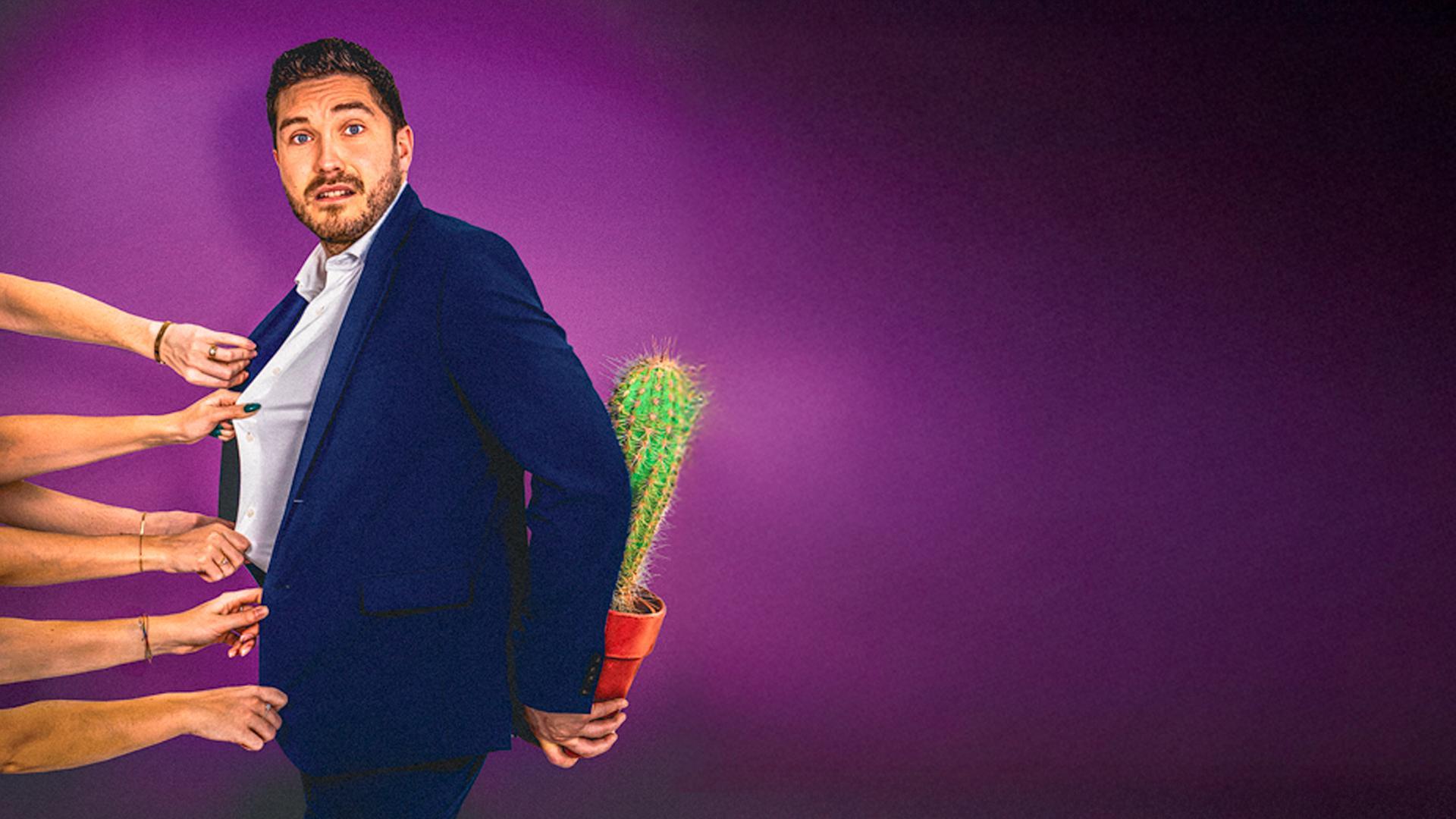 Thijs Lindhout, Promotiebeeld van Thijs Lindhout met een cactus achter zijn rug terwijl handen aan zijn jas trekken