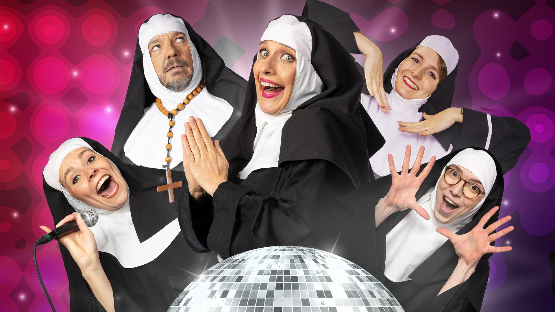 Nonsens, Promotiebeeld Nonsens met alle 5 de acteurs verkleed als non boven een discobol