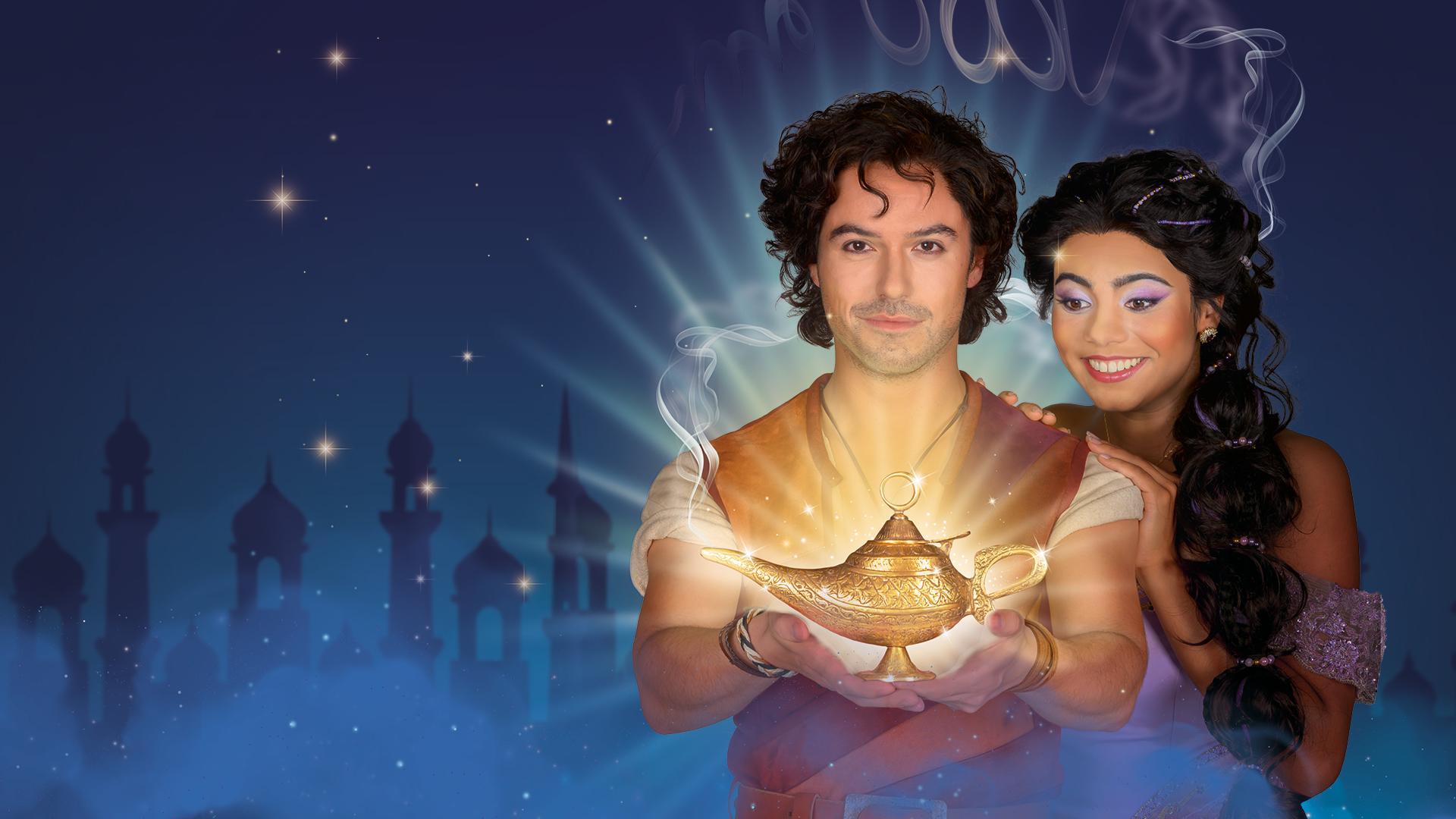 Aladdin De Musical (try-out) (4+), Promotiebeeld Aladdin met Alladin en Yasmin en de gouden lamp