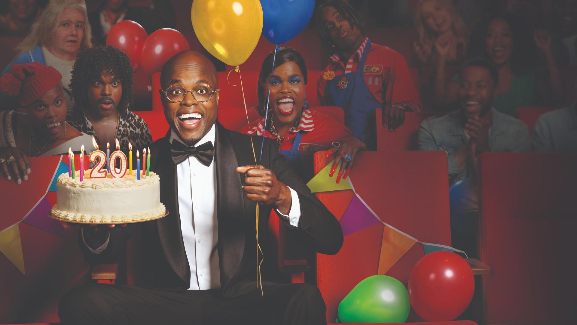 Jandino, Promotiefoto van Jandino met taart en balonnen en zijn alter ego's