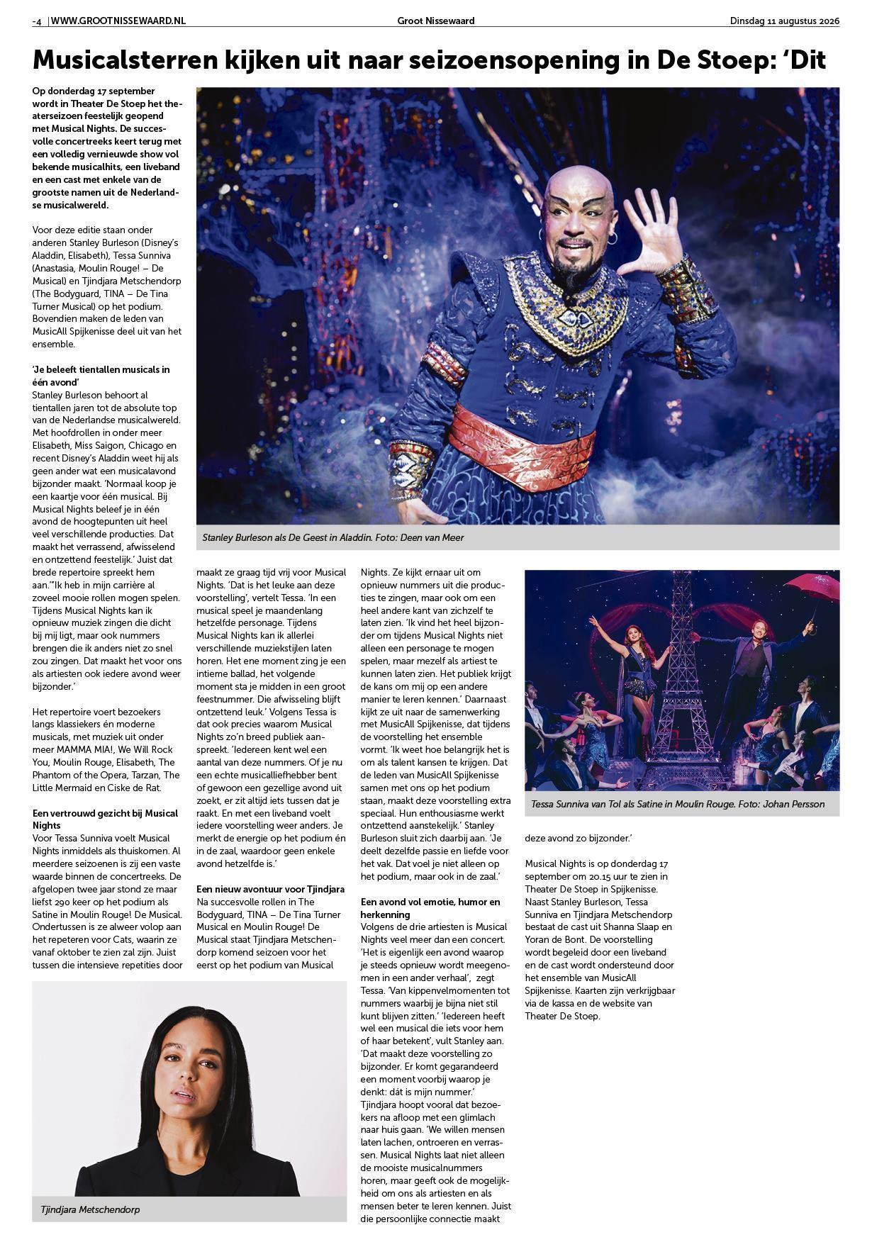 Artikel in Groot Nissewaard over Musical Nights op 11 september 2026 in De Stoep