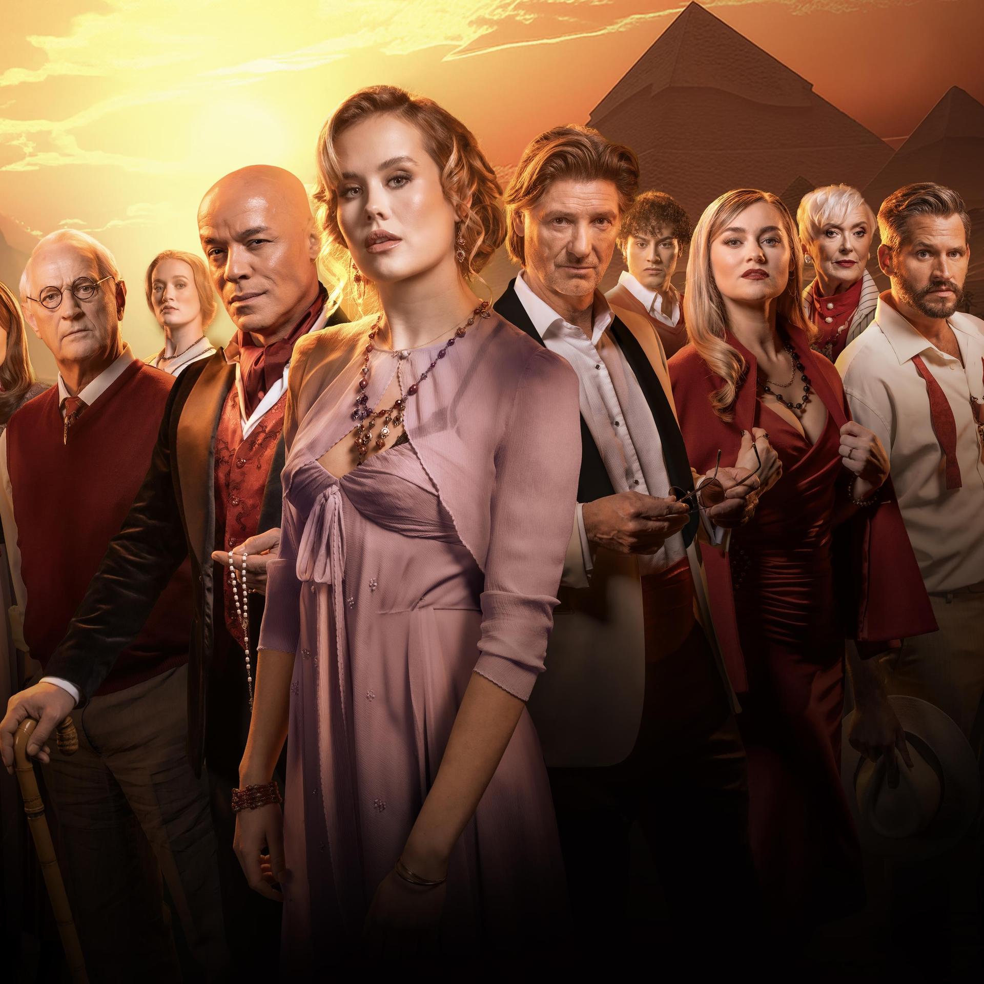 Agatha Christie's Murder on The Nile, De volledige cast van Murder on the Nile met piramides op de achtergrond