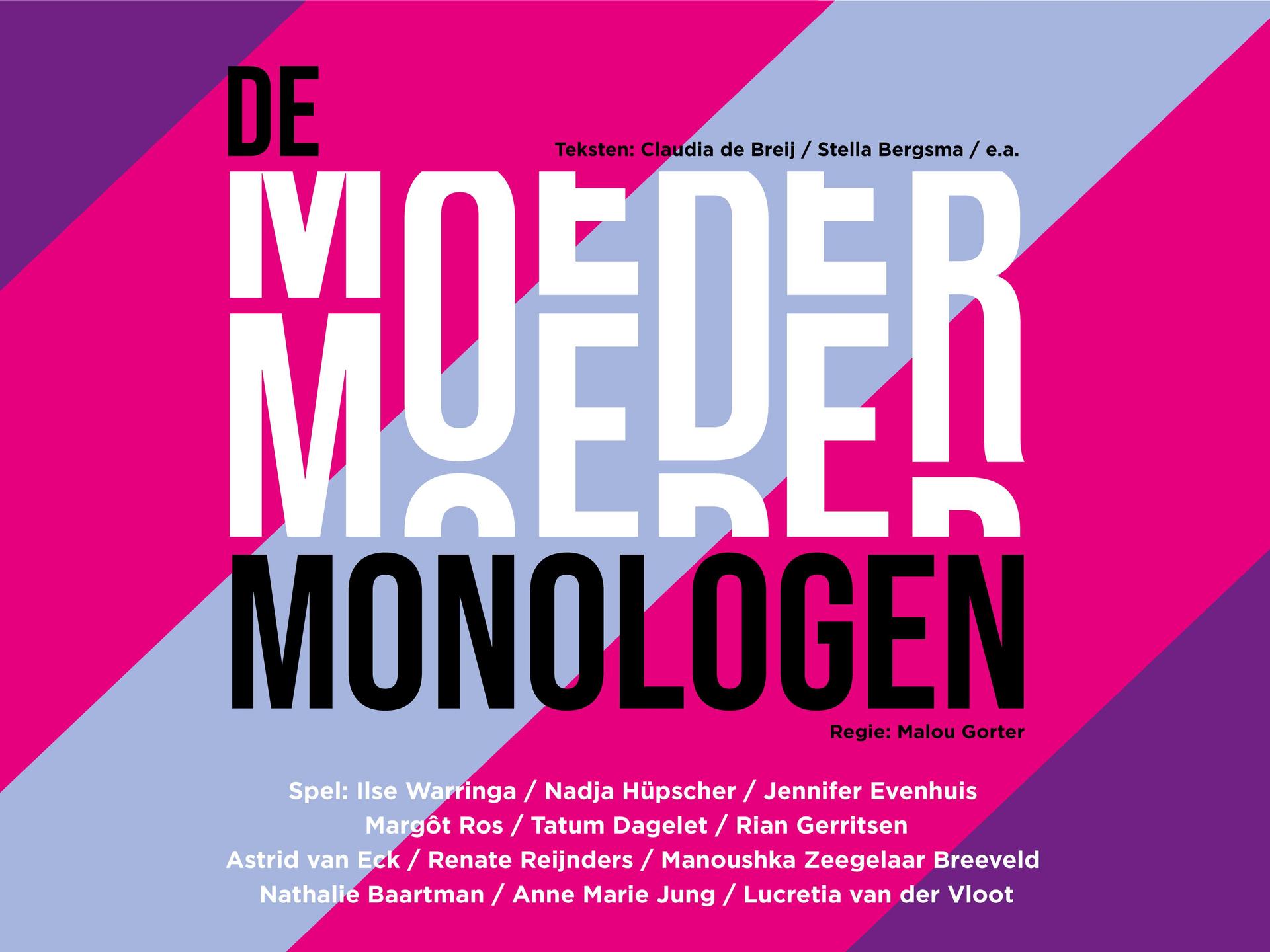 De Moedermonologen, Posterbeeld met tekst De Moeder Monologen tegen paars grijs roze gestreepte achtergrond