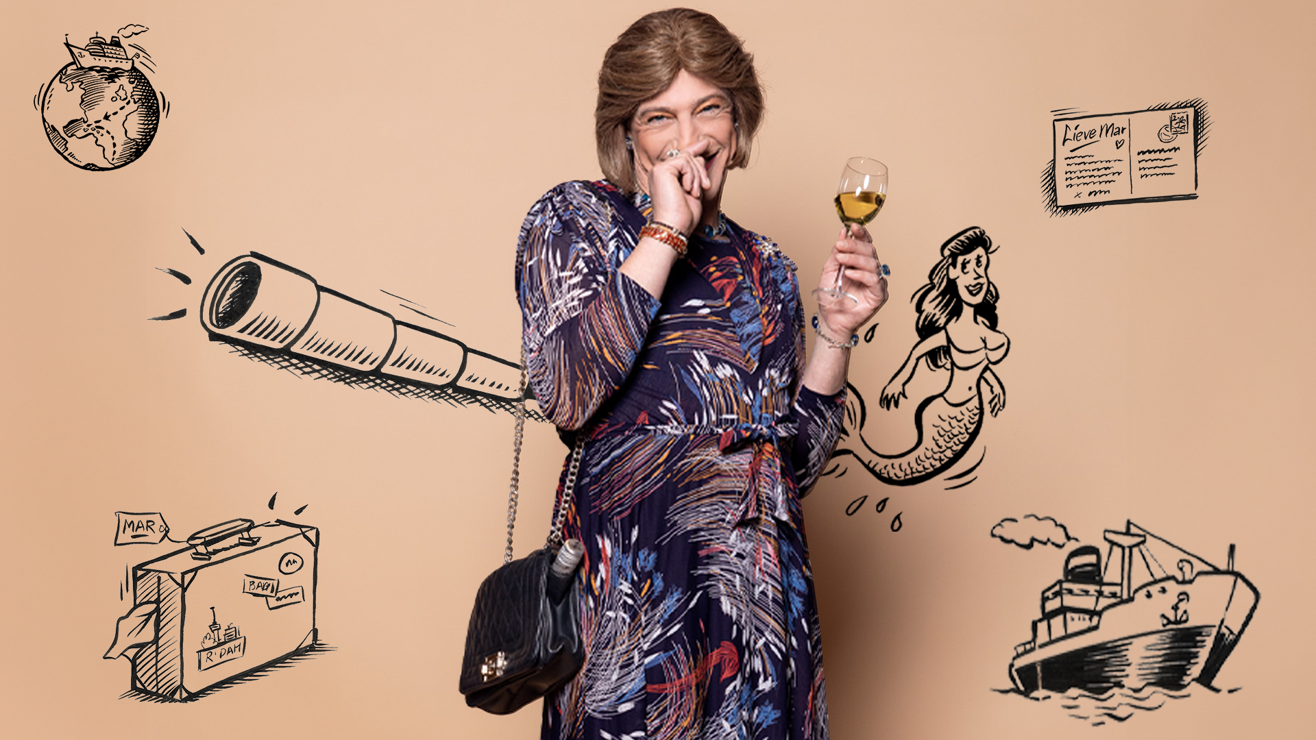 Marja van Katendrecht, Promotiefoto Marja van Katendrecht in jurk met glaasje wijn.