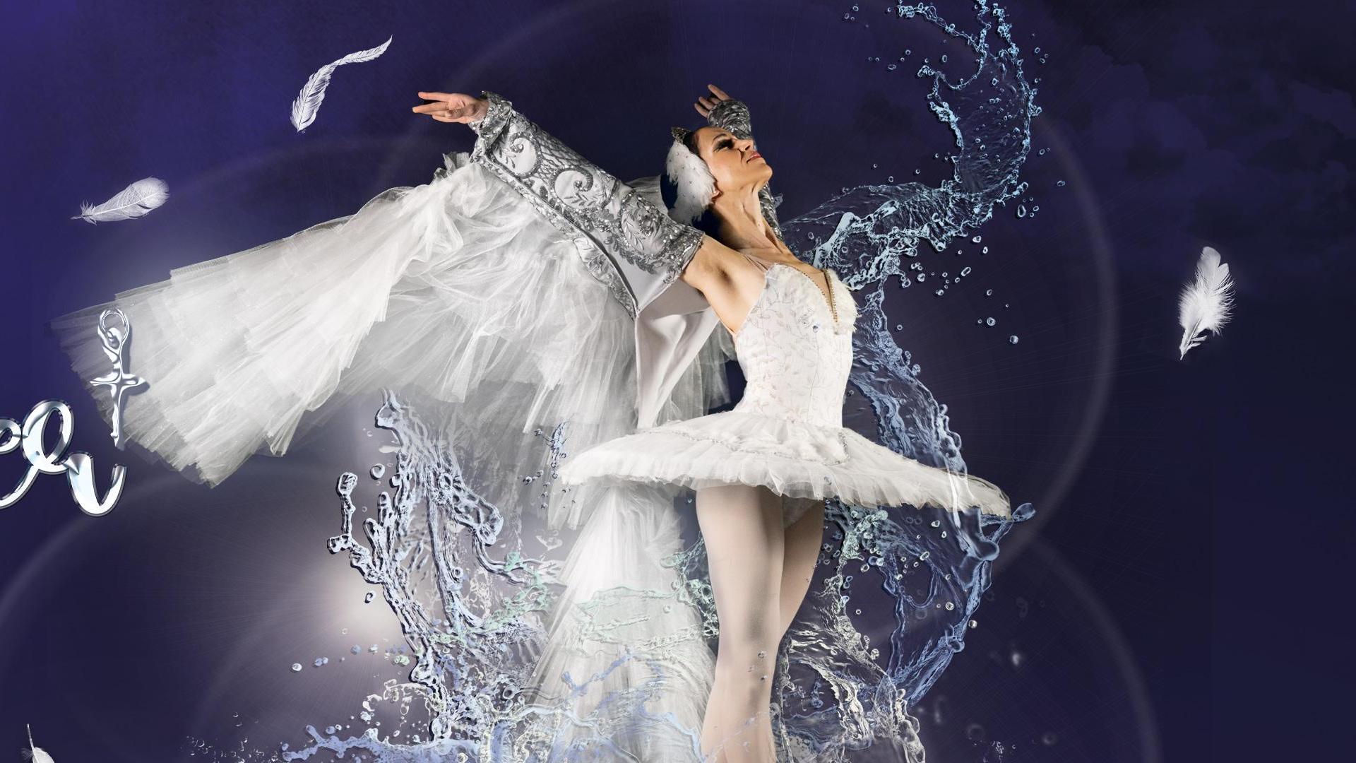 Het Zwanenmeer, Promotiefoto van het Zwanenmeer met ballerina als witte zwaan tegen donkerpaarse achtergrond