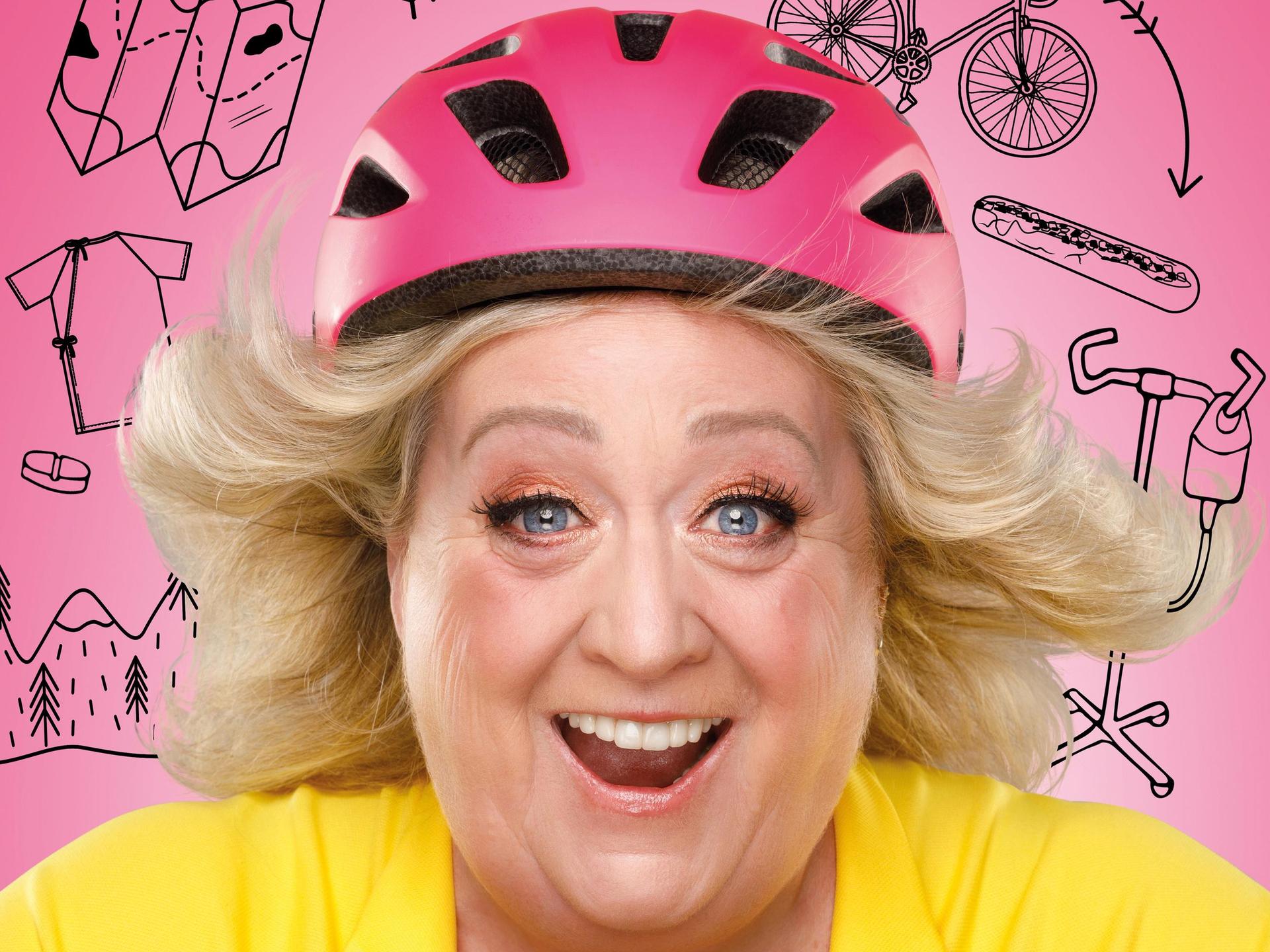 Christel de Laat, Foto van Christel de Laat met geel shirt aan en roze fietshelm op