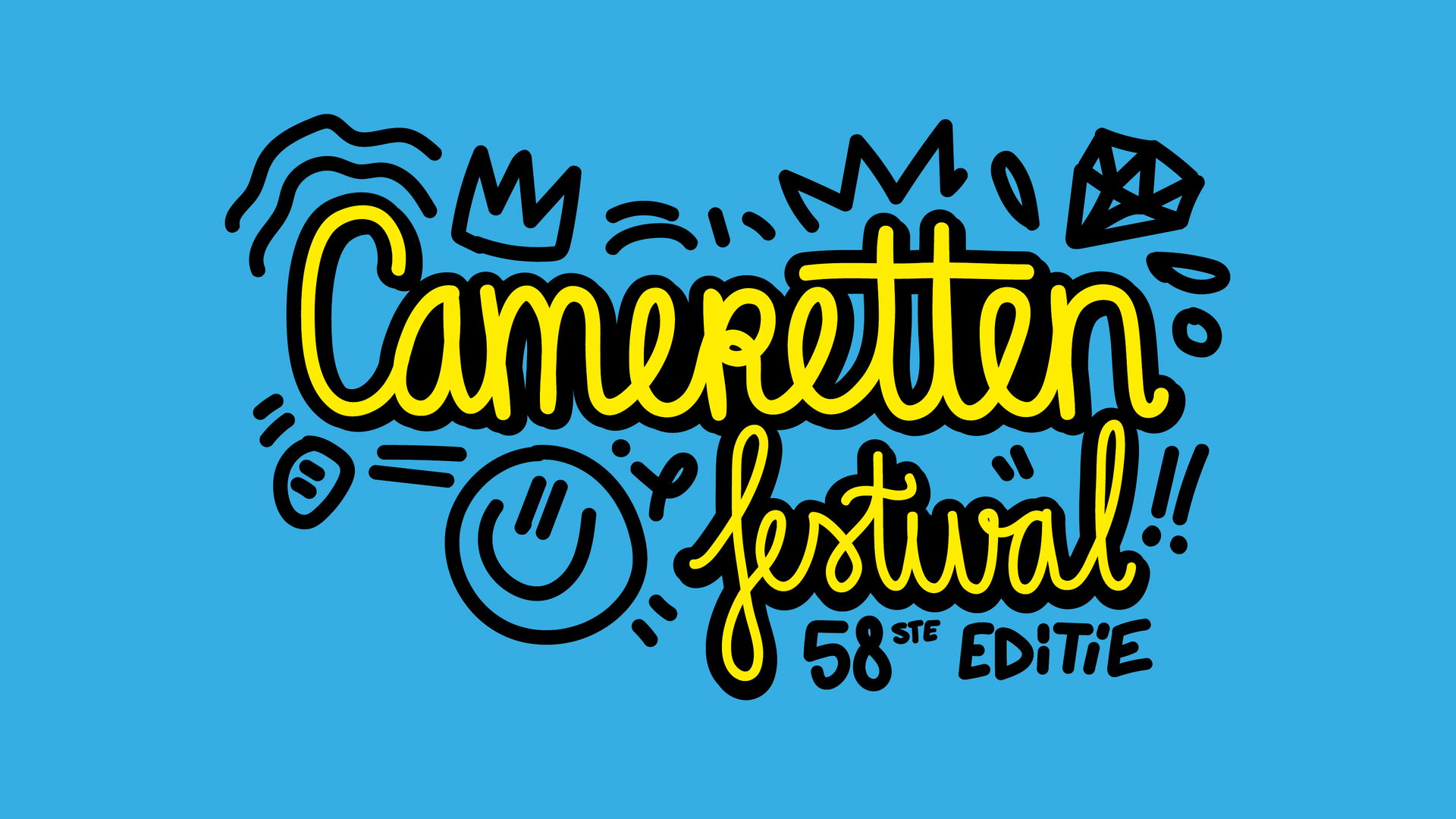 Cameretten, Geel logo Cameretten Festival 58e editie tegen lichtblauwe achtergrond