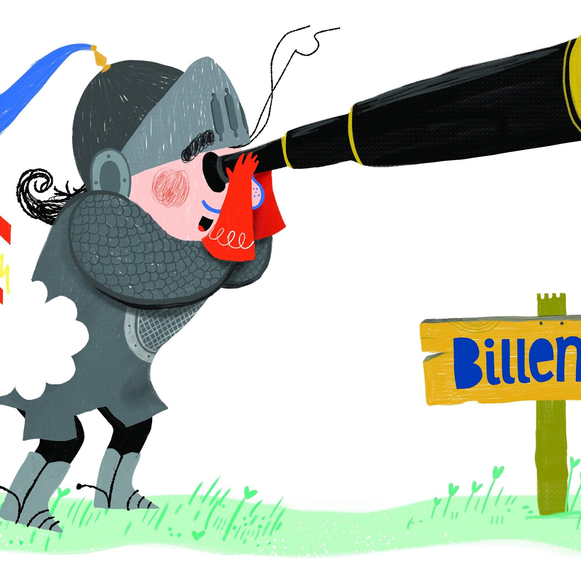 De ridder zonder billen (3+), Promotiebeeld van getekende ridder met verrekijker en ontploffing bij zijn billen