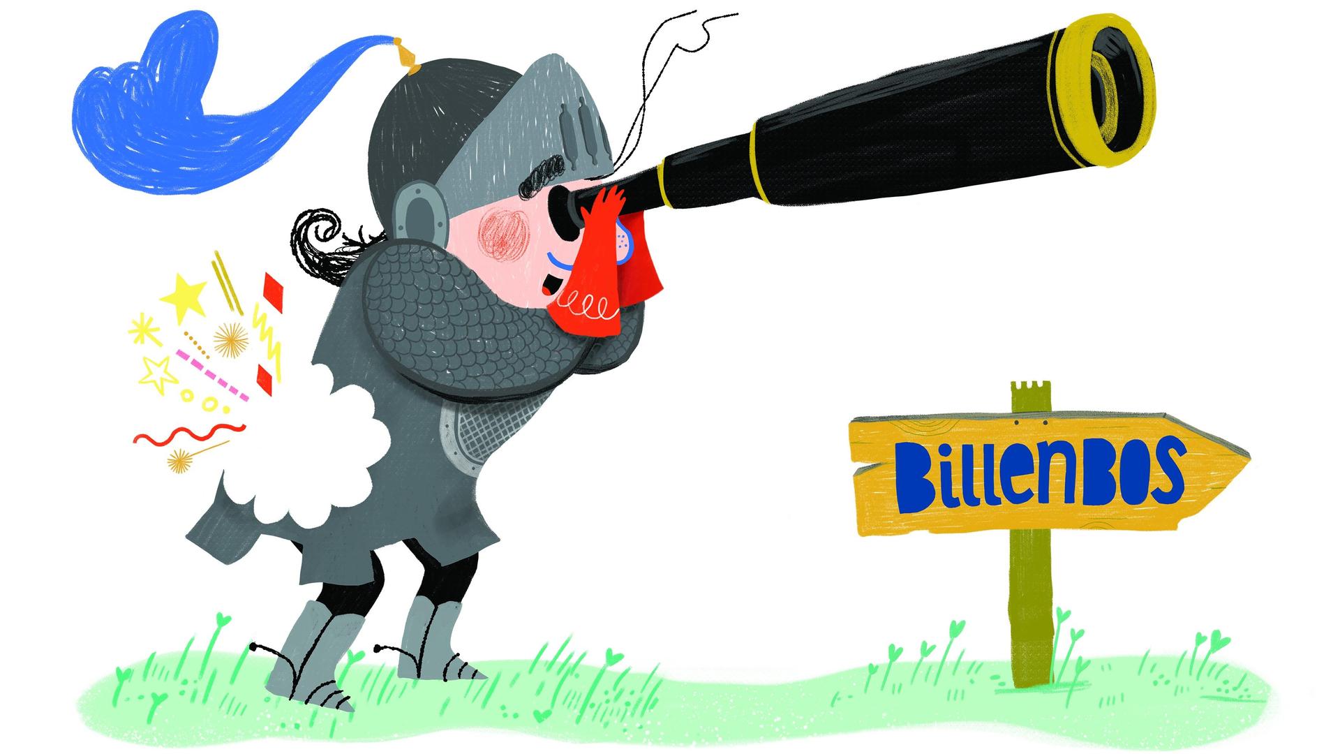 De ridder zonder billen (3+), Promotiebeeld van getekende ridder met verrekijker en ontploffing bij zijn billen