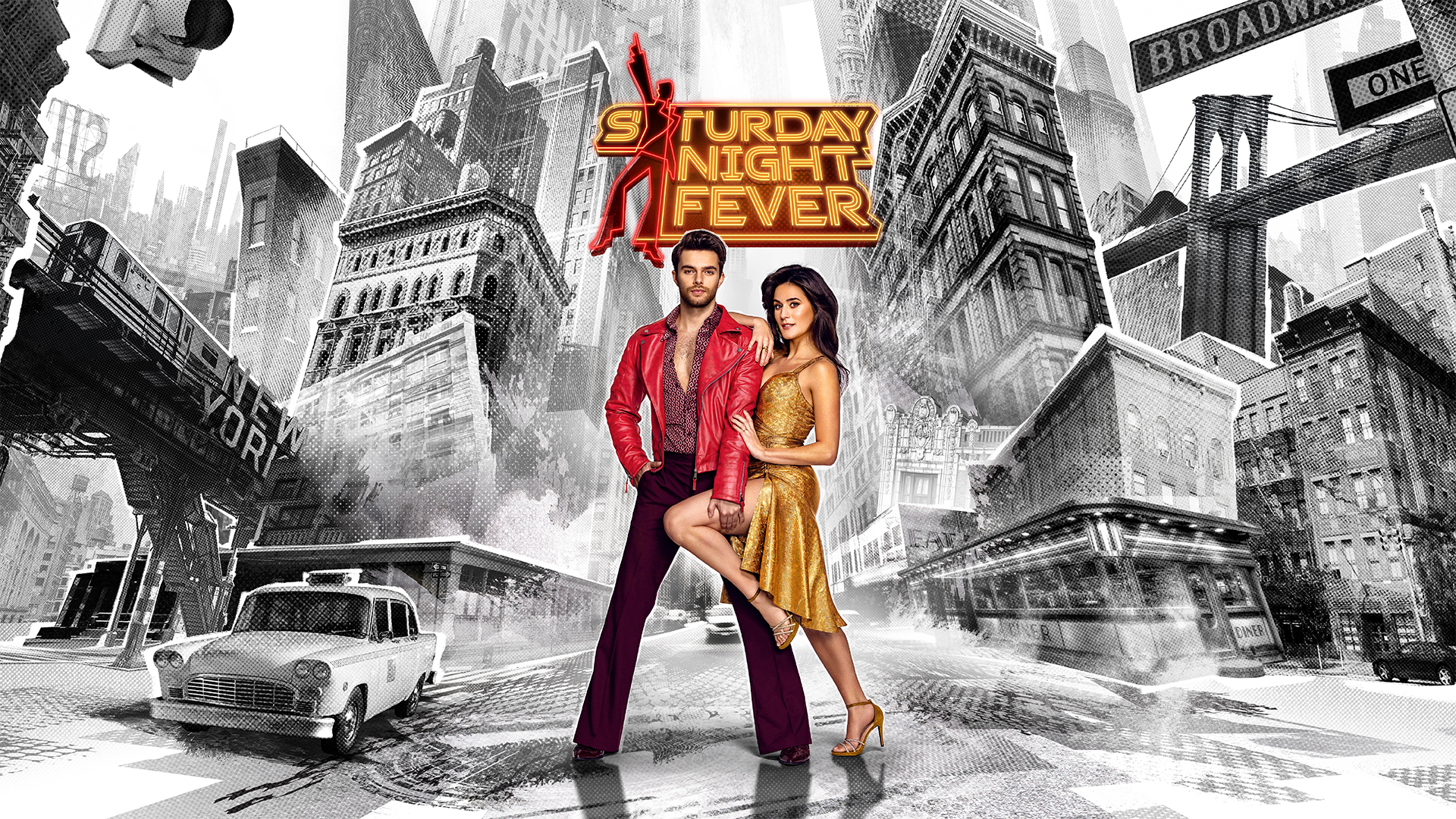 Saturday Night Fever, Foto van Buddy Vedder en Esmee Dekker tegen achtergrond Saturday Night Fever