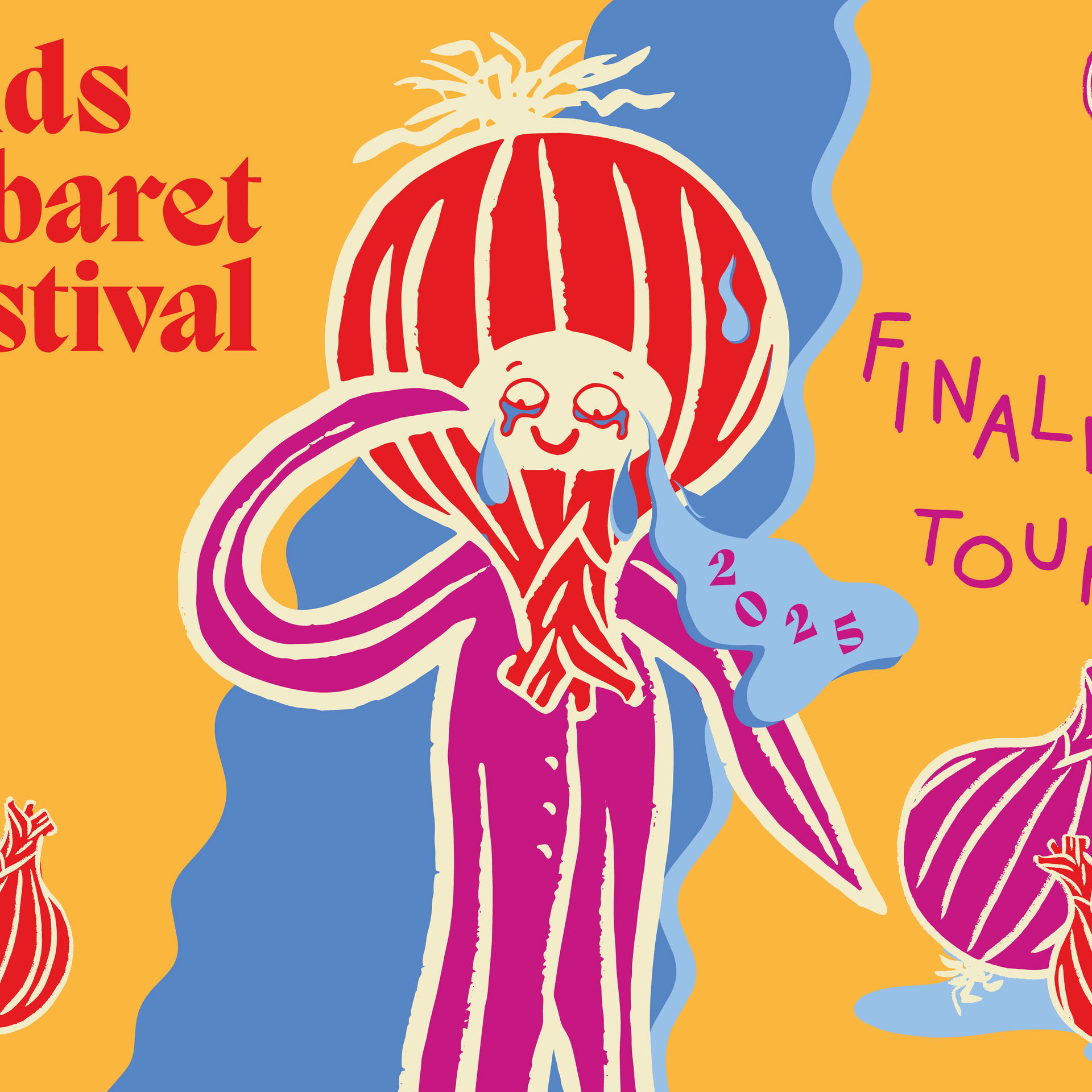 Finalistentour Leids Cabaret Festival 2025, Promotiebeeld van Leids Cabaret Festival. Huilend ui-poppetje met gele achtergrond en water getekend