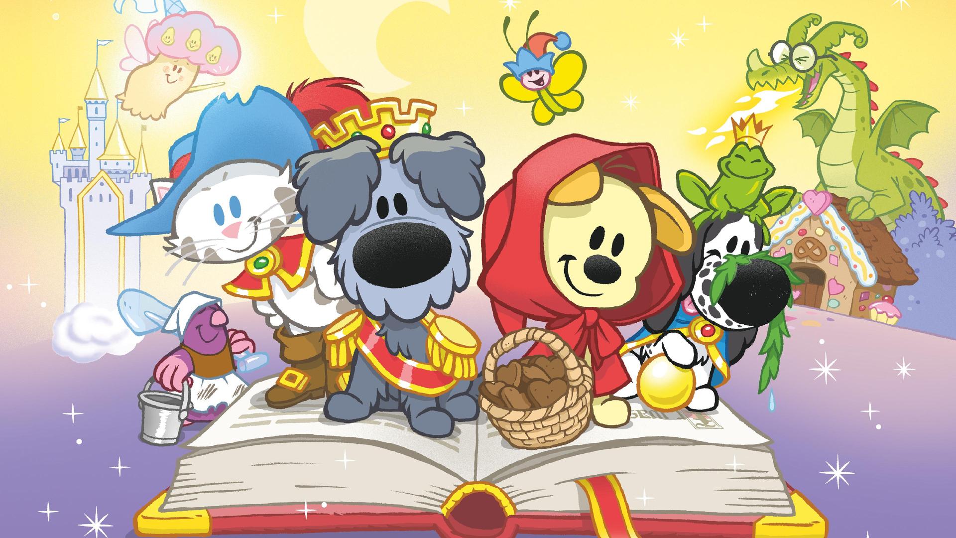 Woezel & Pip, Getekend promotiebeeld van Woezel en pip en hun vriendjes op een sprookjesboek met sprookjesfiguren