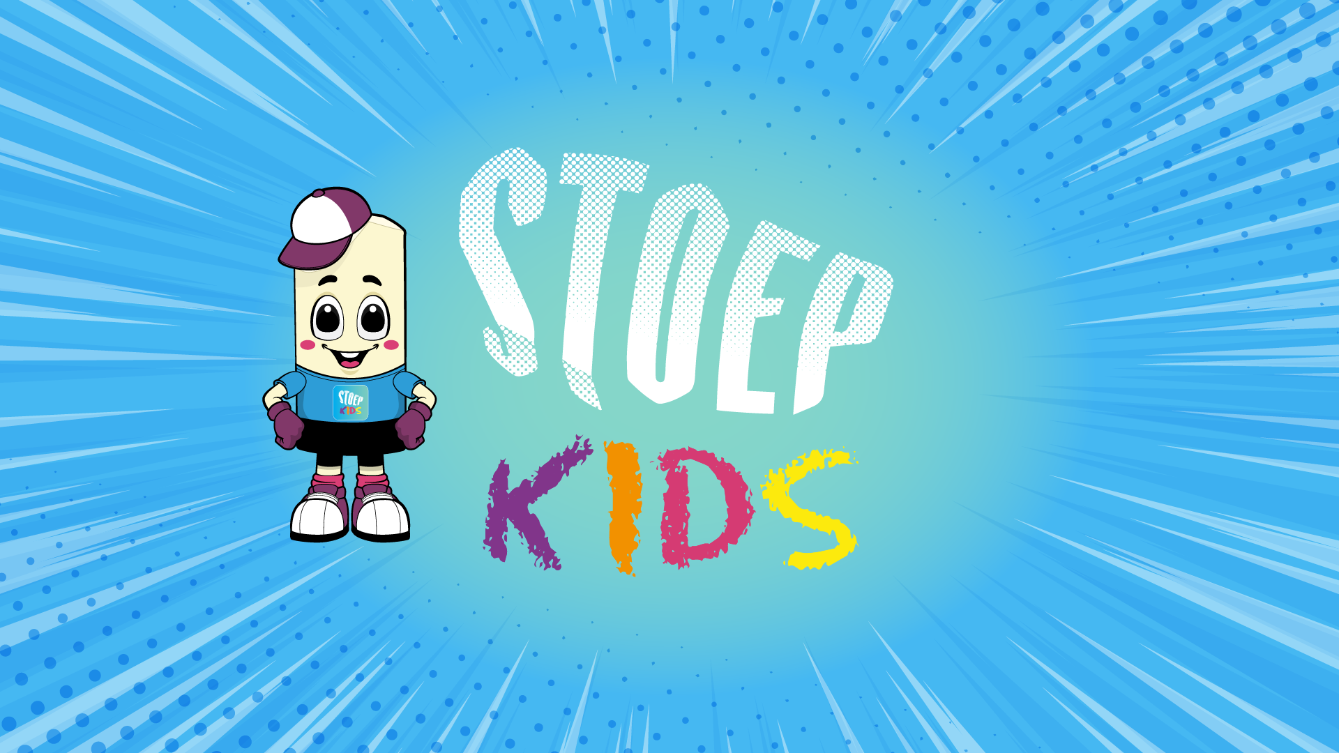 Stoep Kids , banner met stoep kids tekst en mascotte krijtje ernaast.