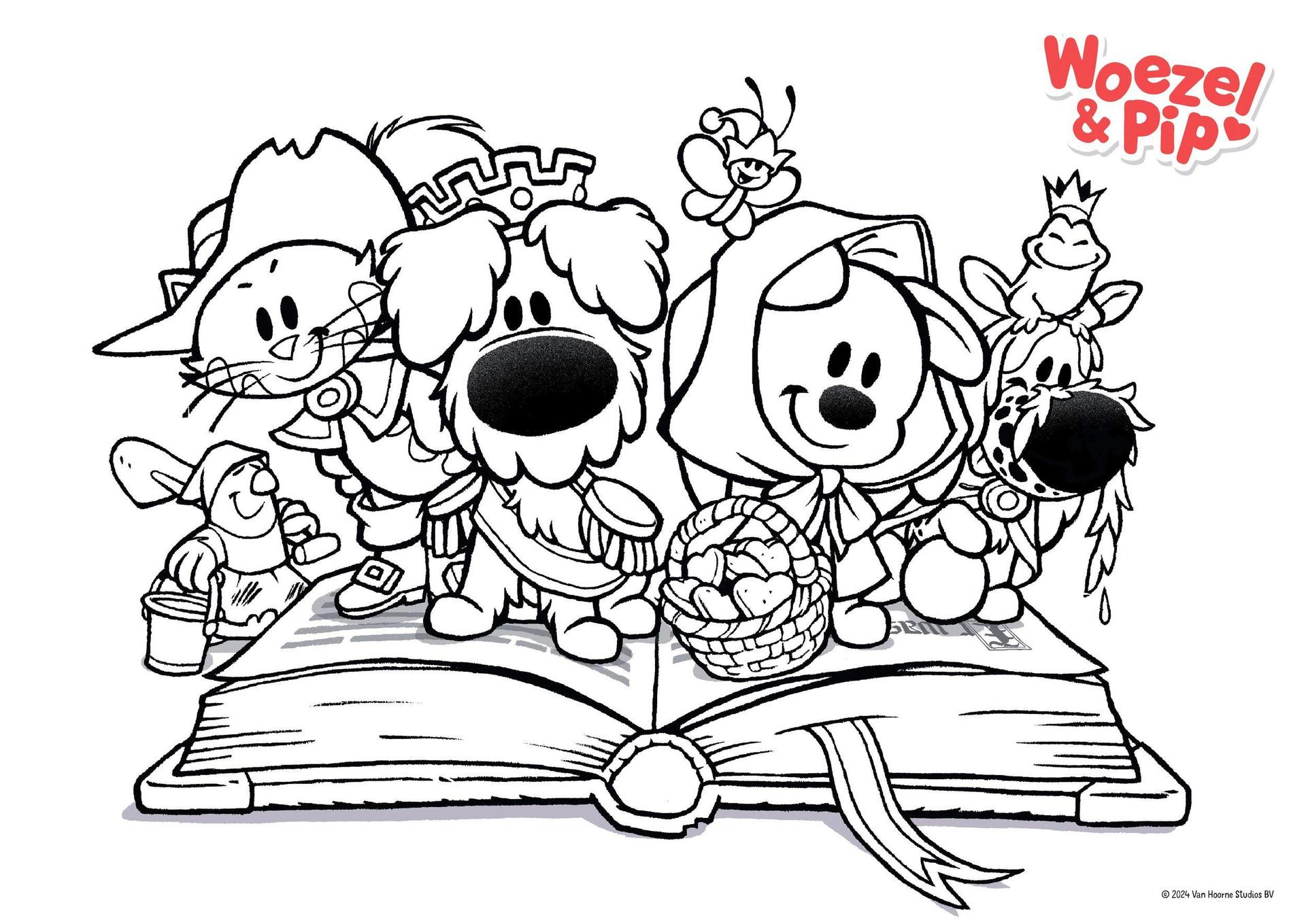 kleurplaat van Woezel en Pip met beide hondjes en hun vriendjes op een groot boek.