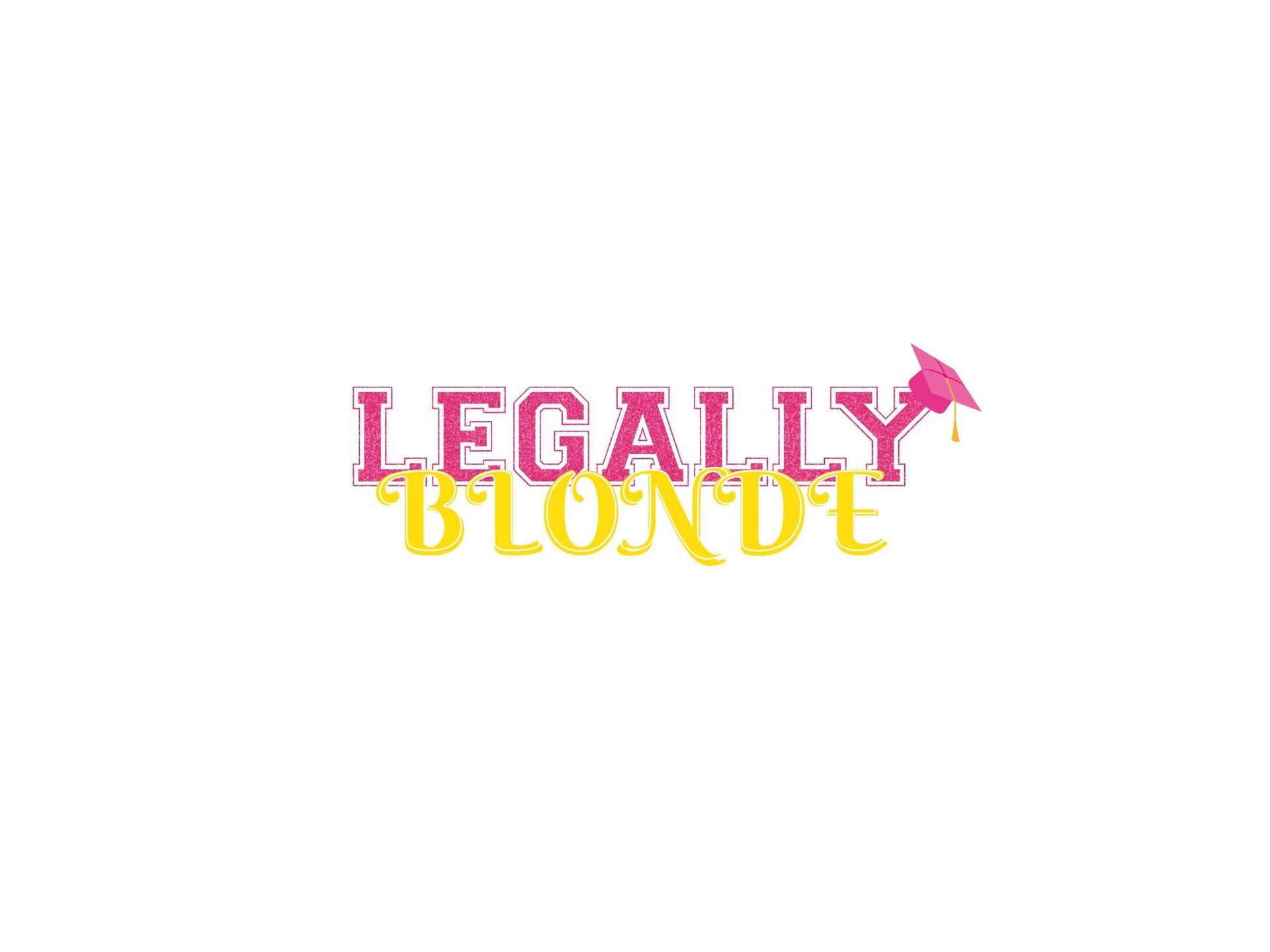 MusicAll Spijkenisse, Promotiefoto van de voorstelling: Legally Blonde. Tekst in roze en geel op witte achtergrond.