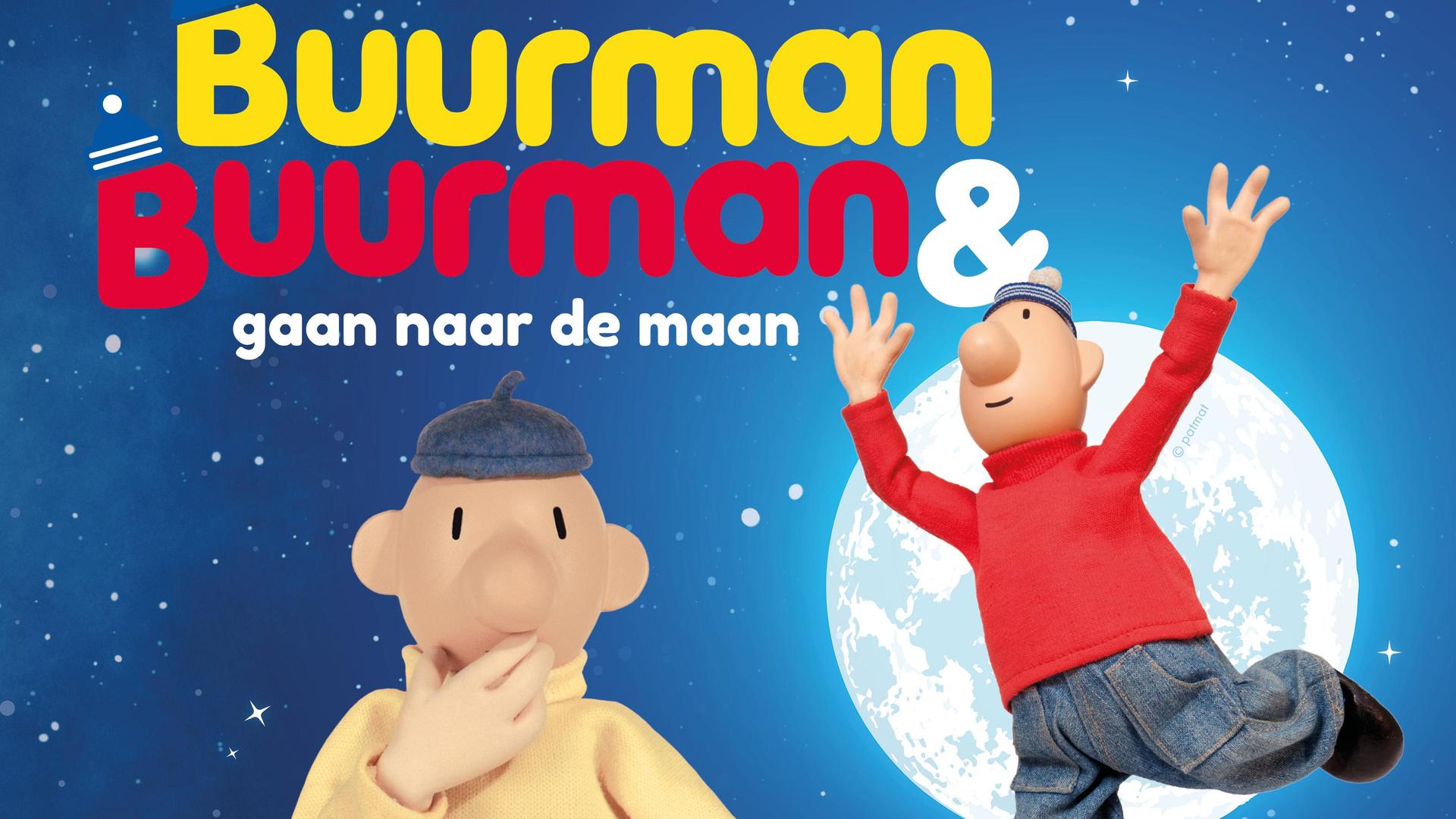 Buurman & Buurman gaan naar de maan (4+), Afbeelding met Buurman en Buurman in de lucht voor de maan